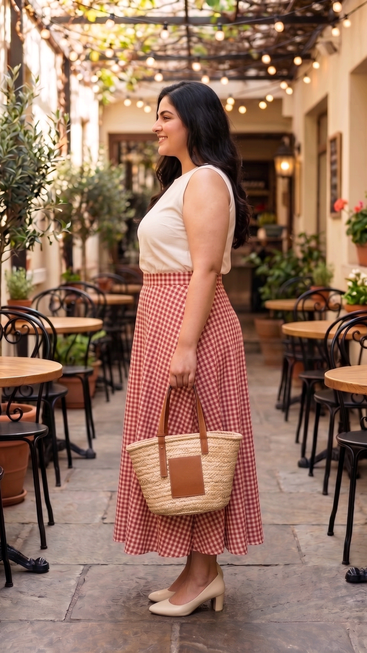 Plus Size Cotton Gingham Flared Skirt for Women | High Waist A-Line Skirt