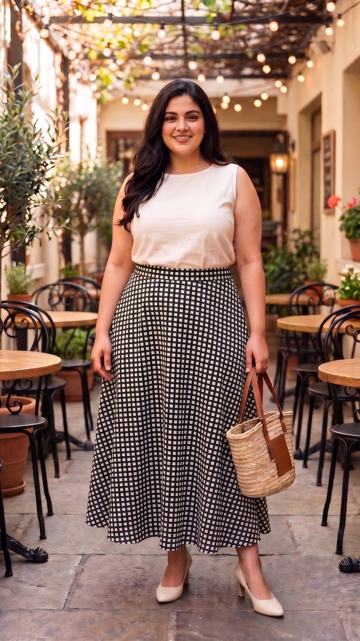 Plus Size Black & White Checkered Midi Skirt for Women | High Waist Flared Skirt