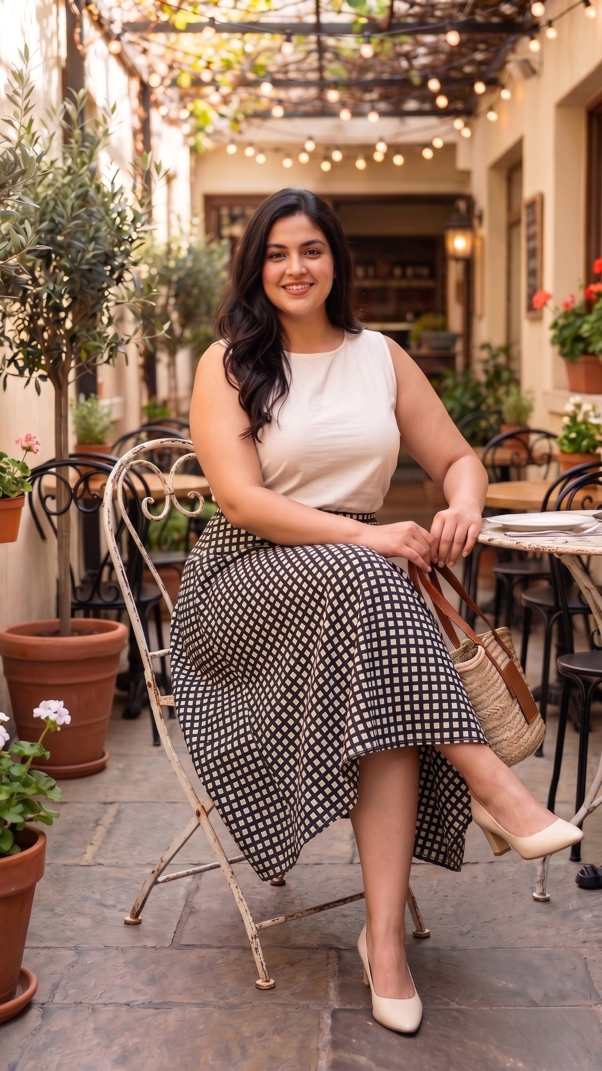 Plus Size Black & White Checkered Midi Skirt for Women | High Waist Flared Skirt