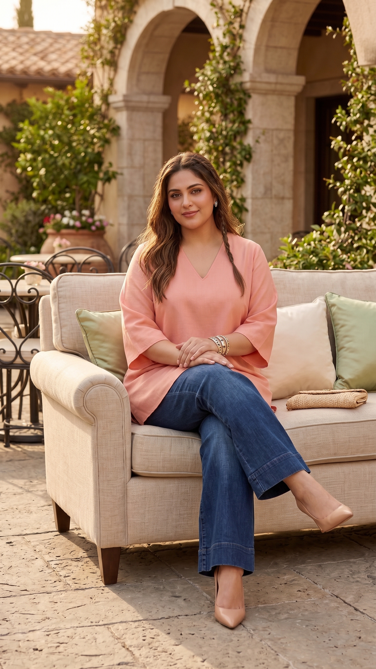 Coral Peach Linen Relaxed Fit Top