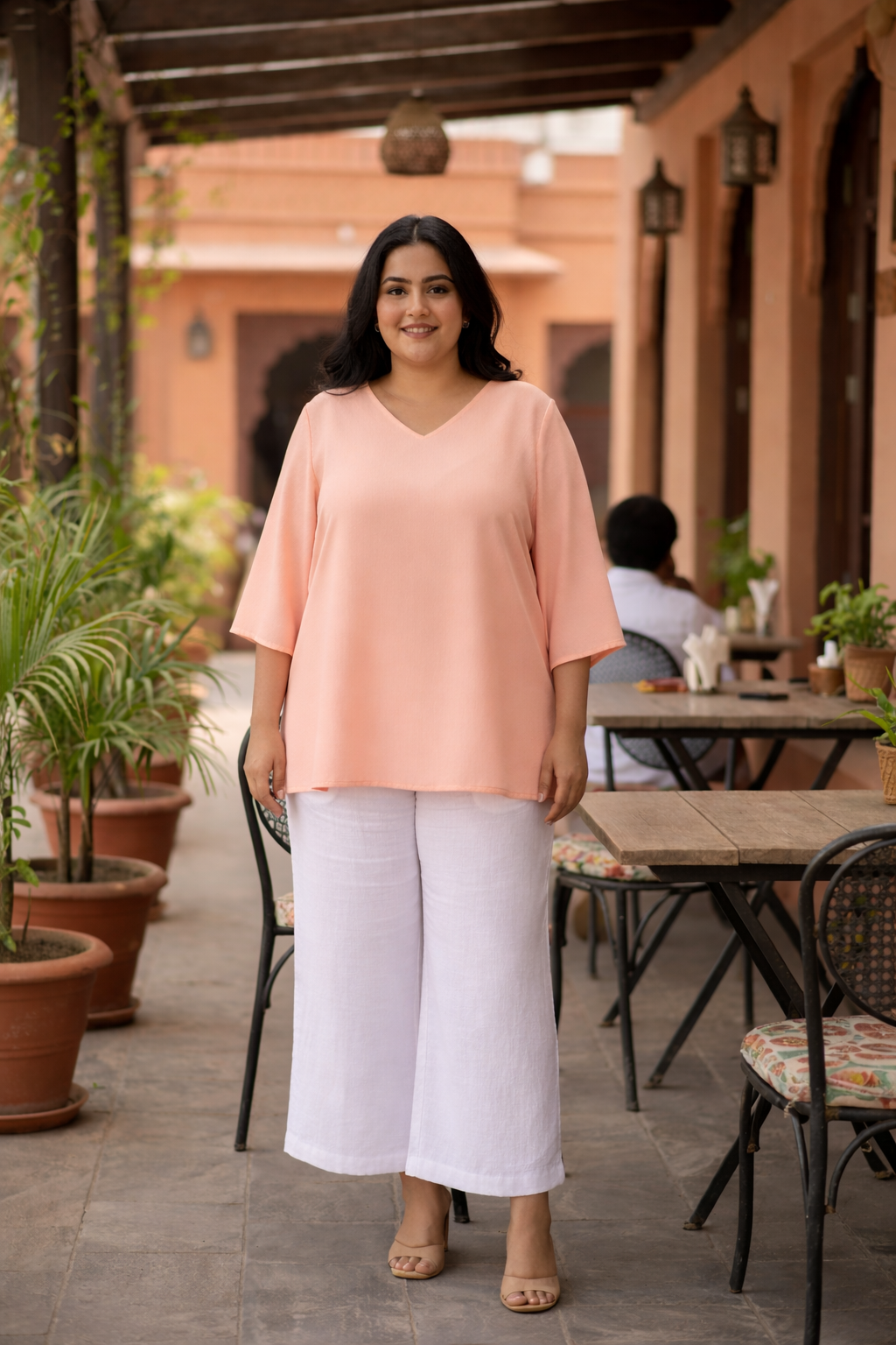 Coral Peach Cotton Collared V-Neck Top