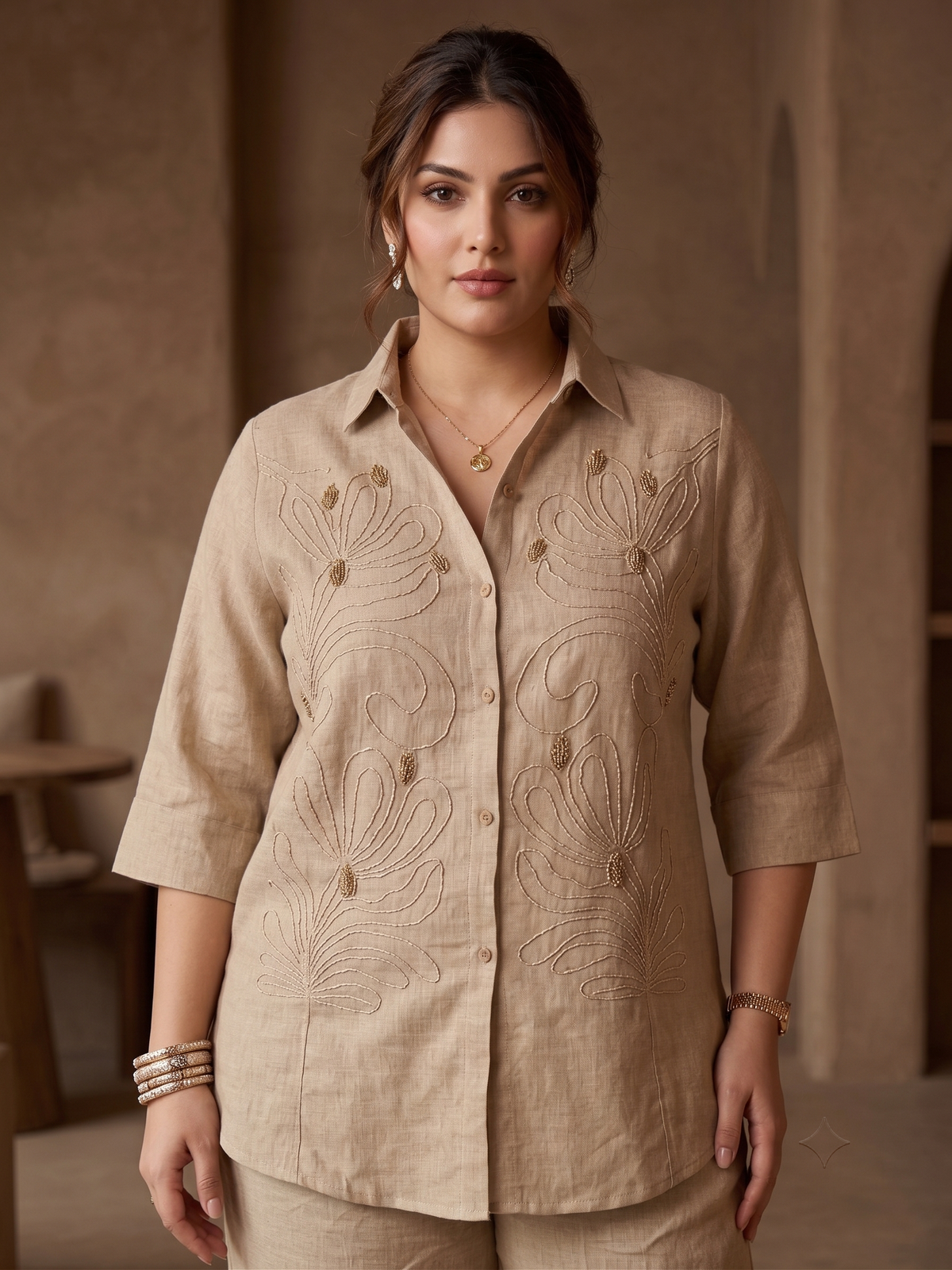 Plus Size Jute Co-ord Set – Beige Embroidered Shirt & Wide-Leg Pants