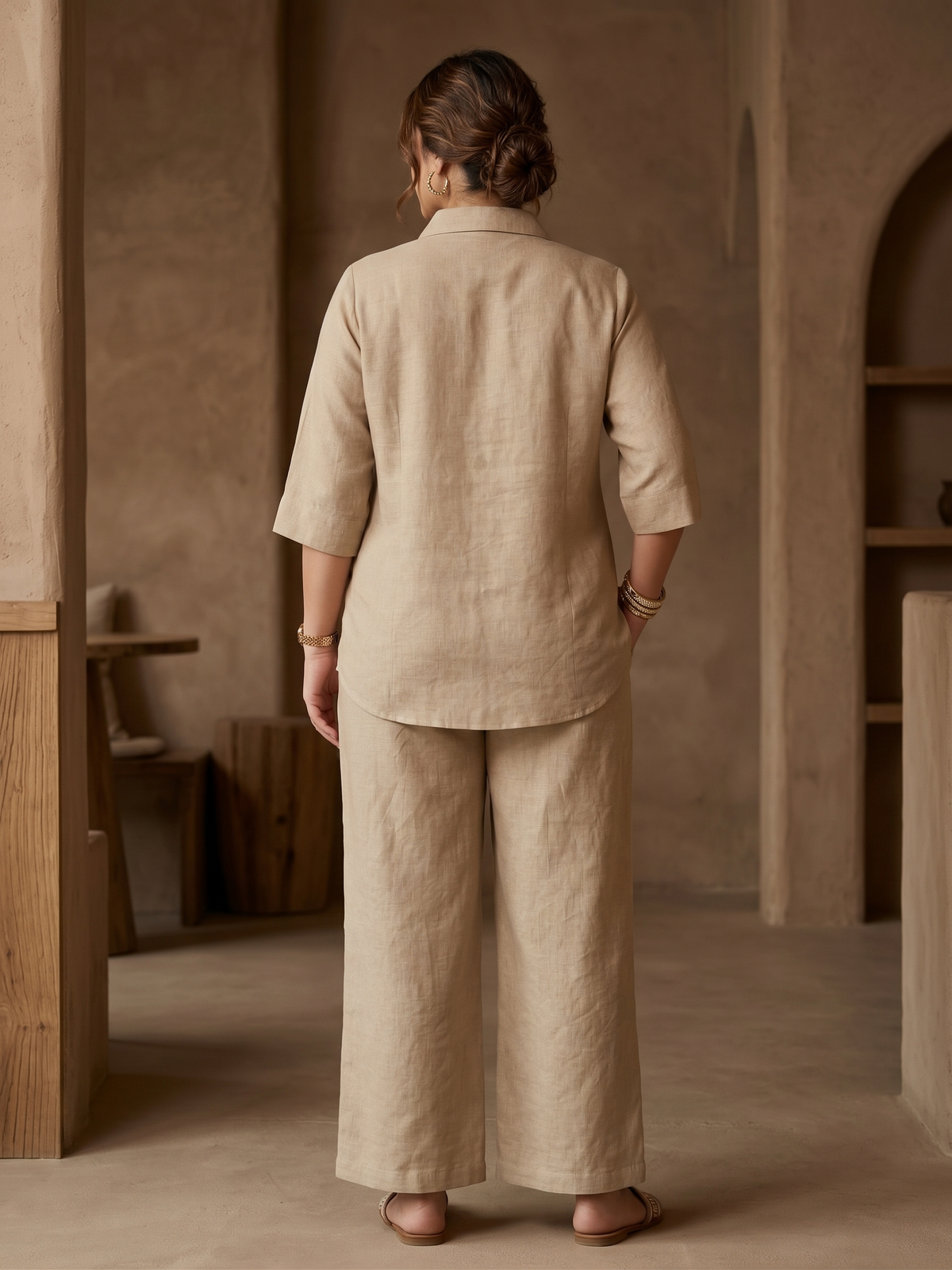 Plus Size Jute Co-ord Set – Beige Embroidered Shirt & Wide-Leg Pants