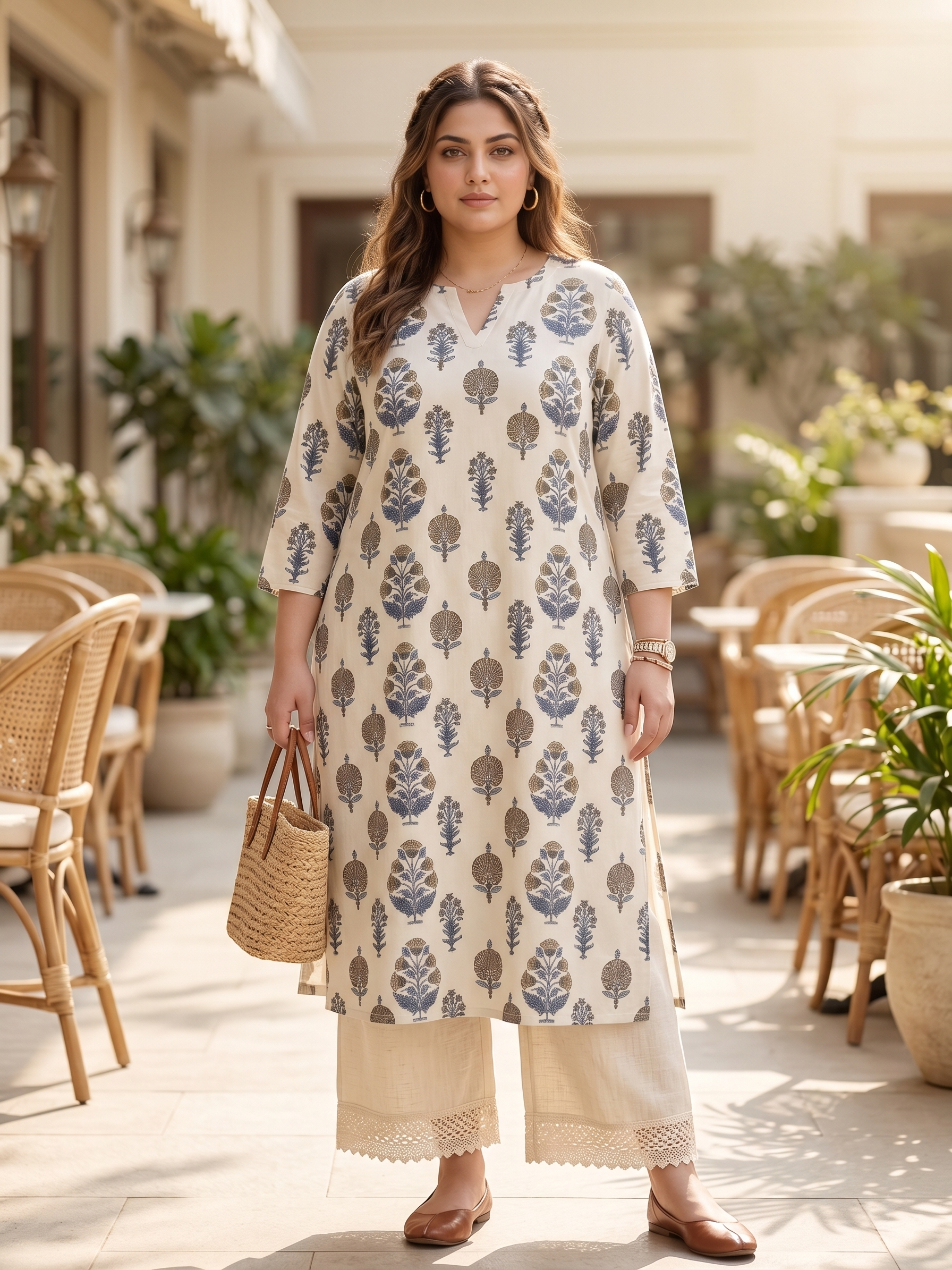 Plus Size Cream Floral Printed Cotton Kurta for Women | V-Neck Straight Fit Kurta
