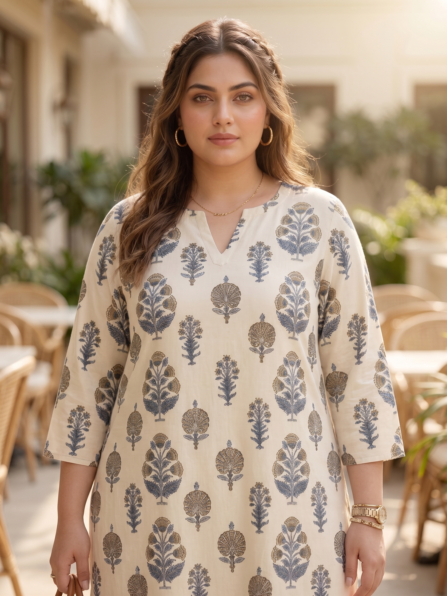 Plus Size Cream Floral Printed Cotton Kurta for Women | V-Neck Straight Fit Kurta