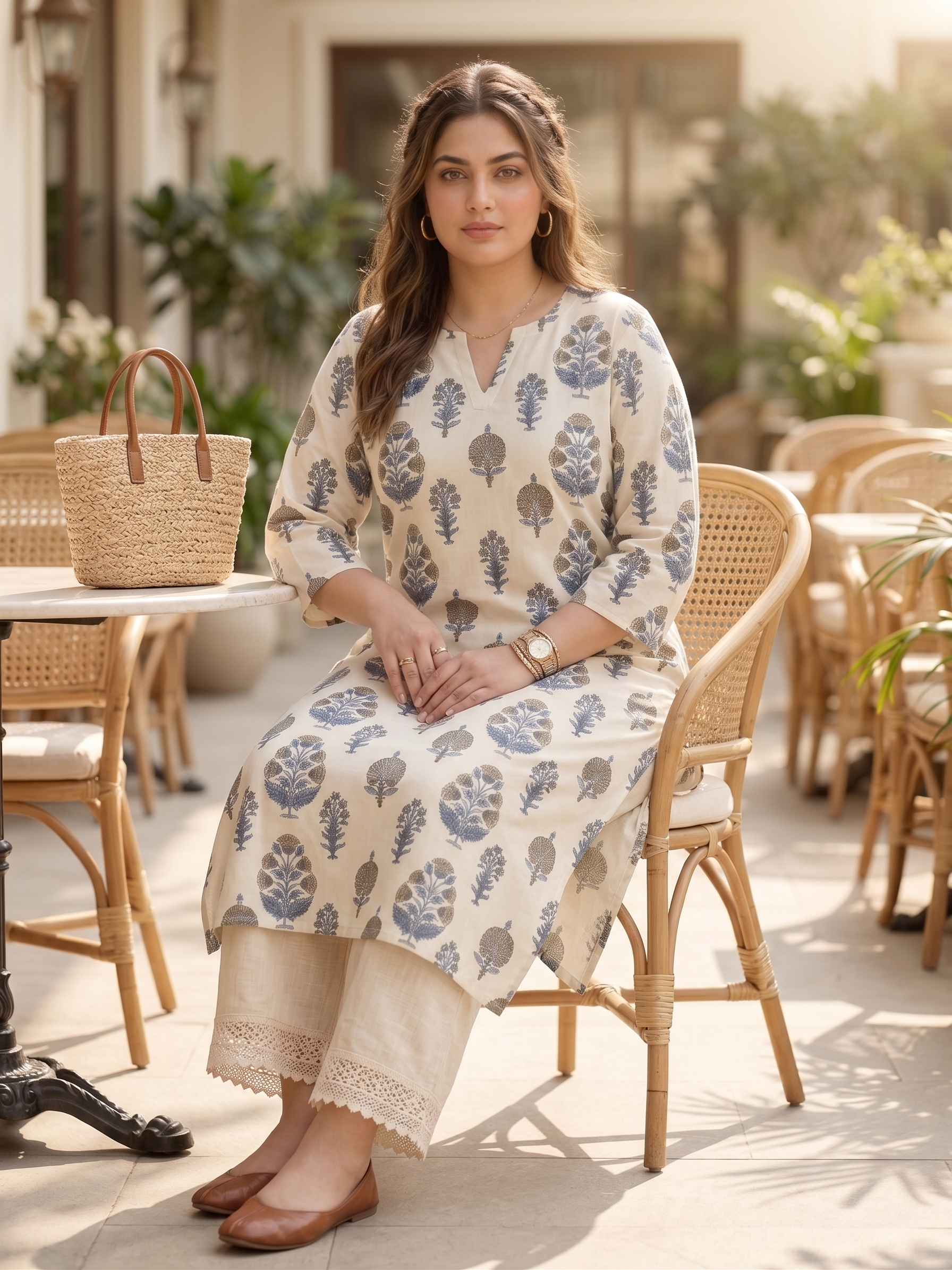 Plus Size Cream Floral Printed Cotton Kurta for Women | V-Neck Straight Fit Kurta