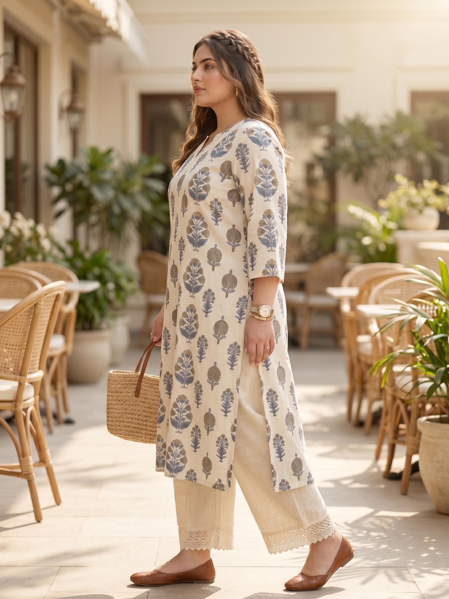 Plus Size Cream Floral Printed Cotton Kurta for Women | V-Neck Straight Fit Kurta