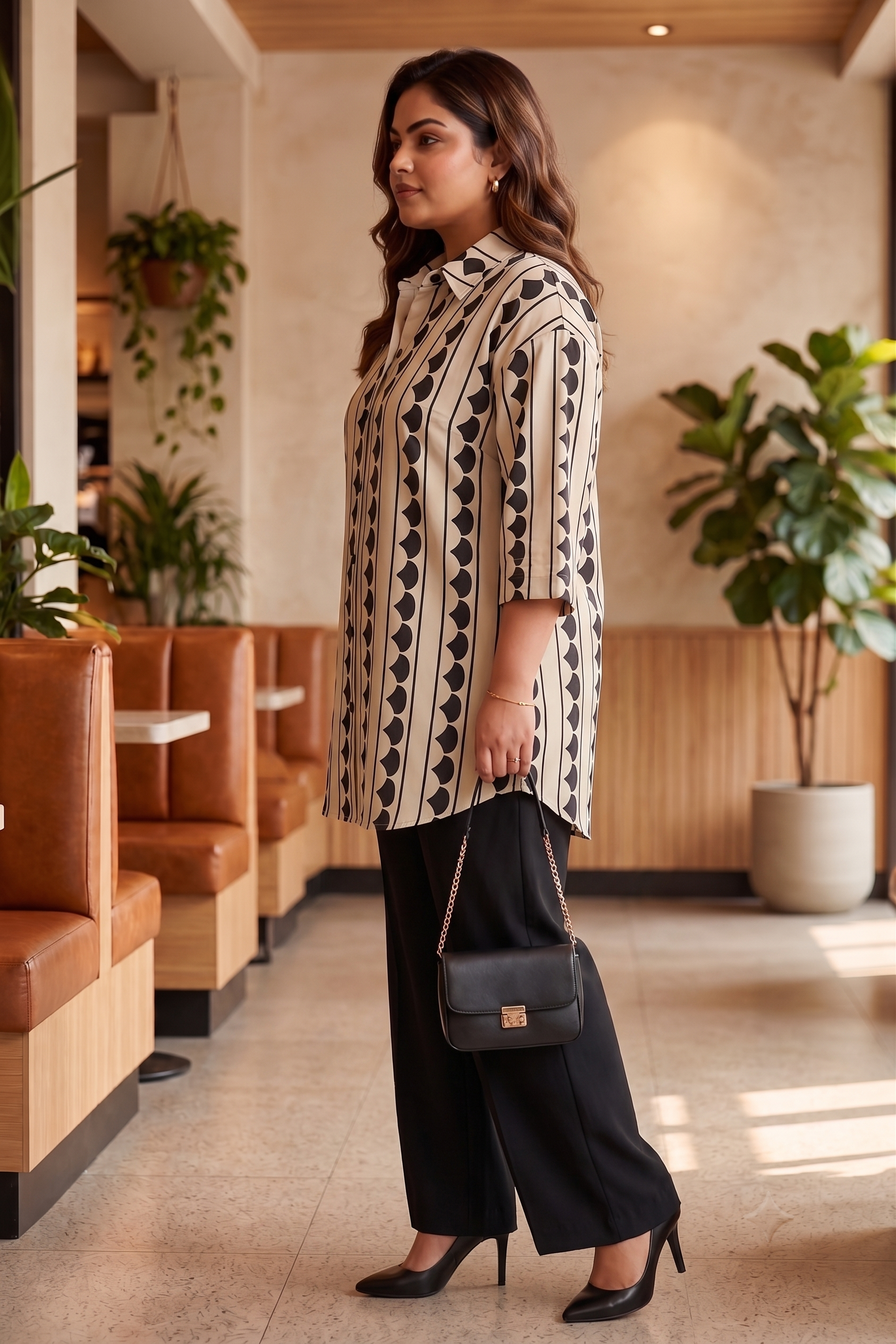 Plus Size Beige & Black Printed Cotton Shirt for Women | Relaxed Fit Button-Down Shirt
