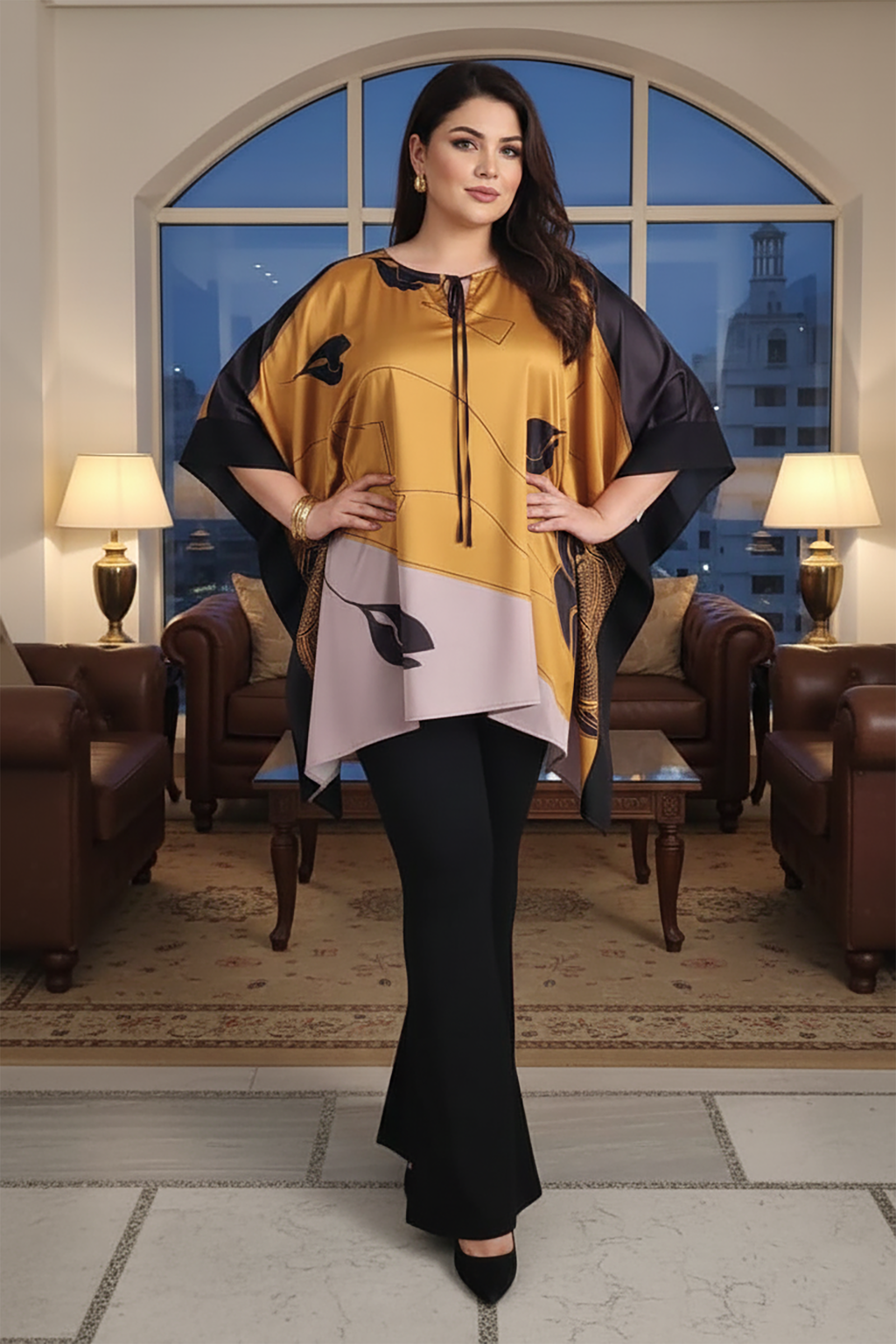 Plus Size Premium Satin Poncho-Style Kaftan Top for Women