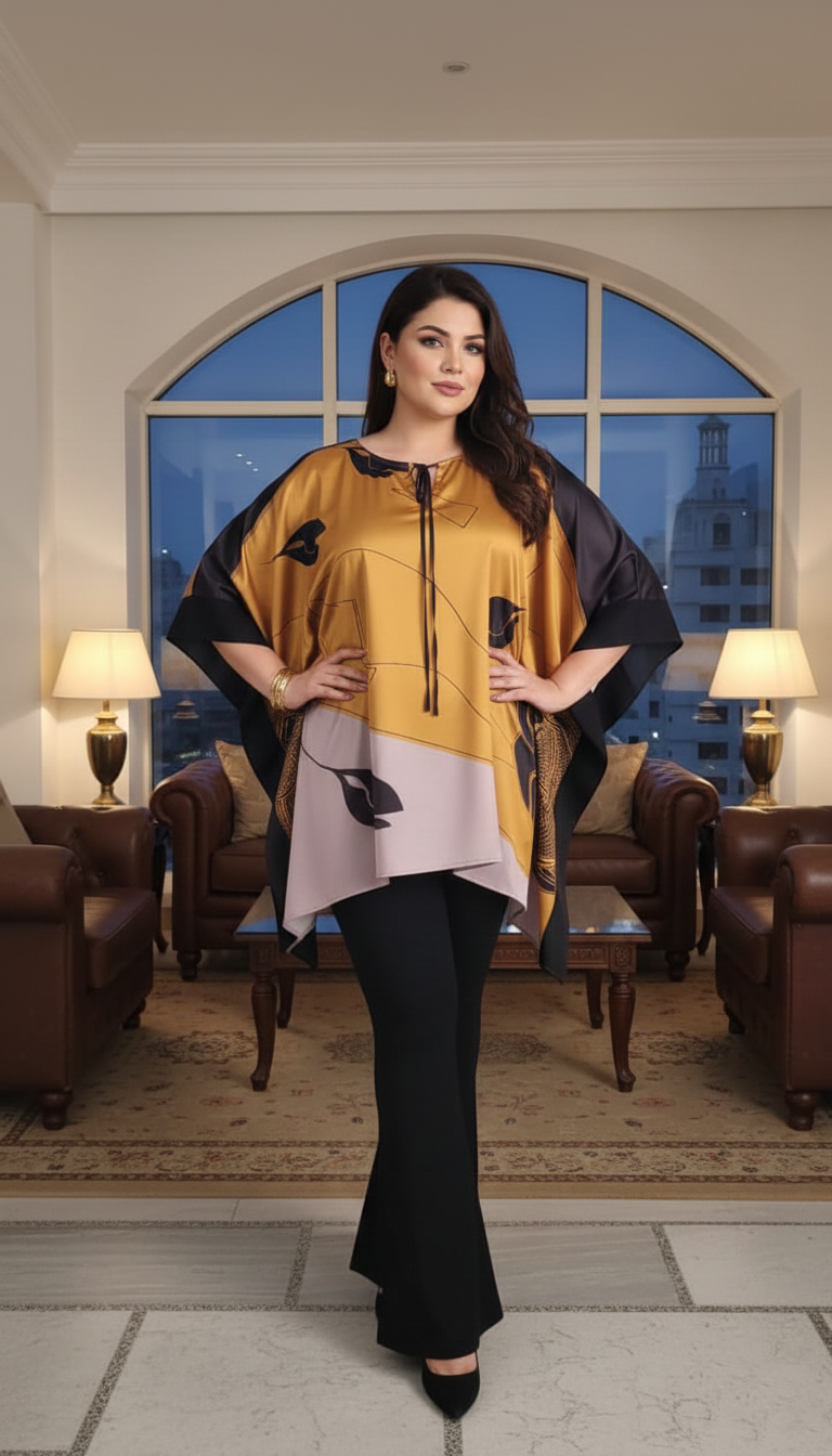 Plus Size Premium Satin Poncho-Style Kaftan Top for Women