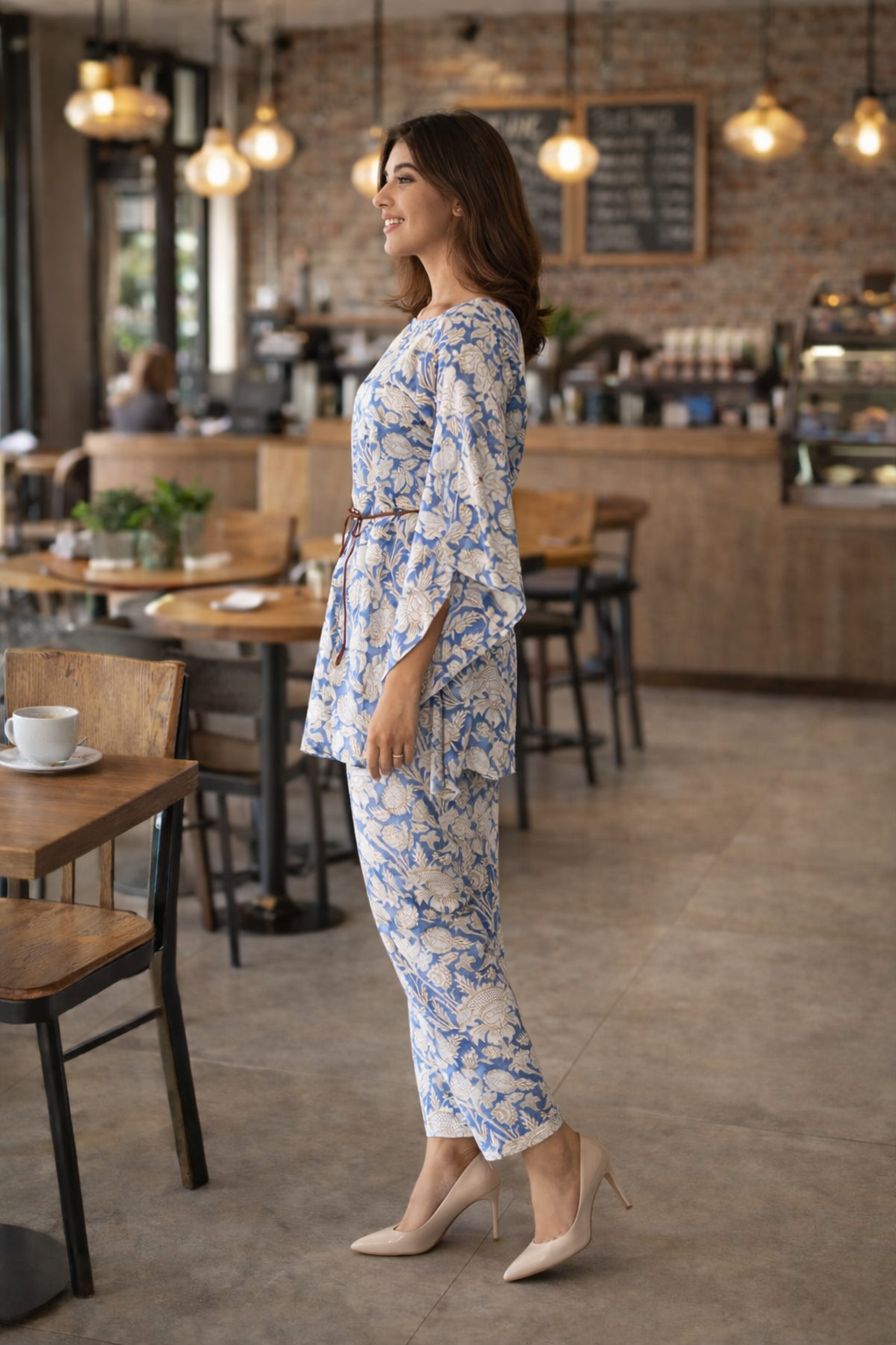 Blue Printed Cotton Kaftan Co-ord Set