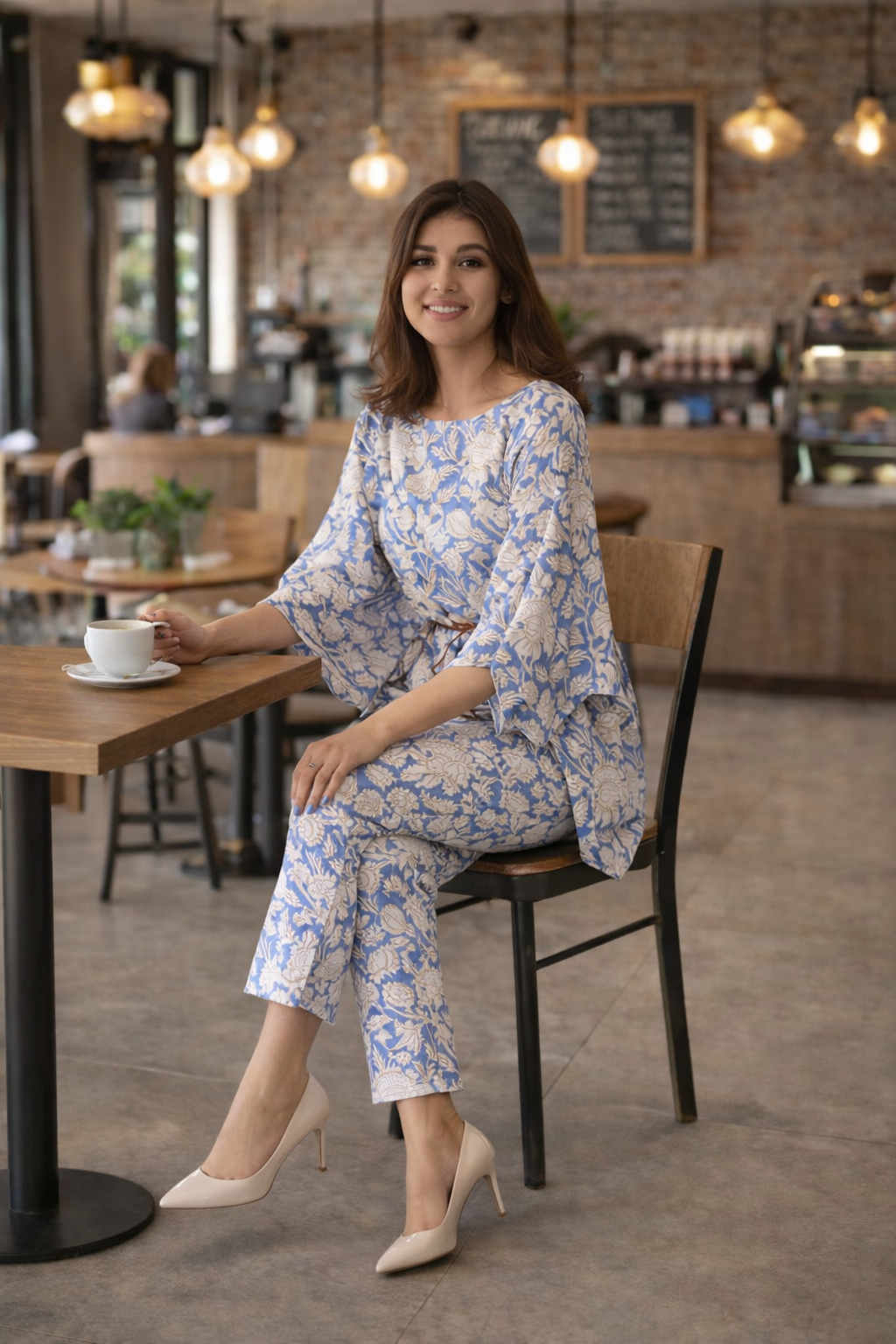Blue Printed Cotton Kaftan Co-ord Set