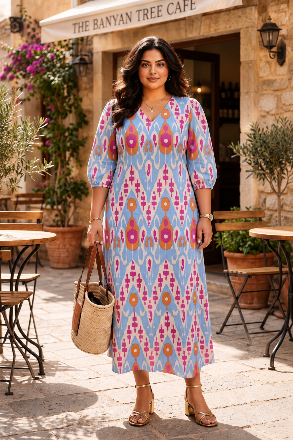 Plus Size Cotton Printed Dress for Women | Blue & Pink Ikat Print Midi Dress