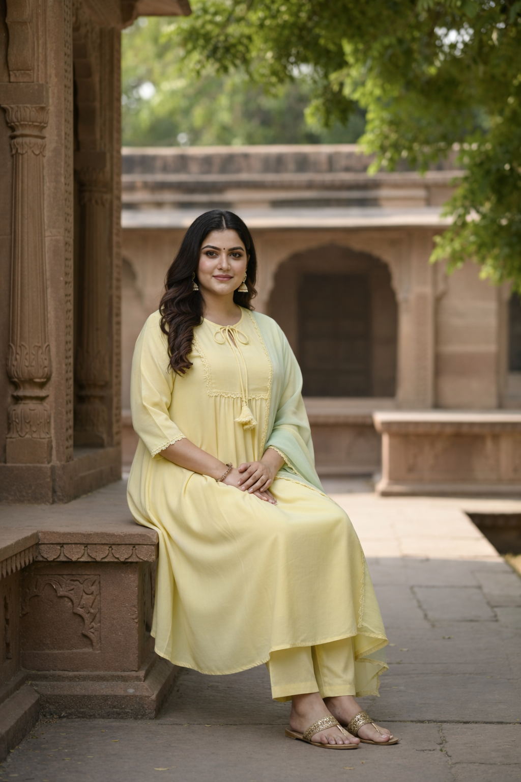 Elegant Sorbet Yellow Festive Kurta (Set of 3) with Lace
