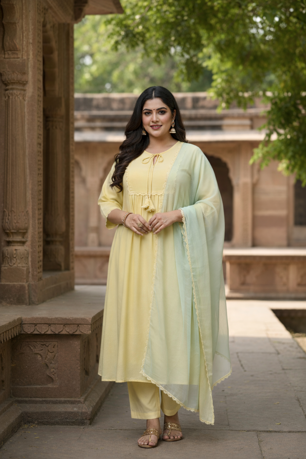Elegant Sorbet Yellow Festive Kurta (Set of 3) with Lace