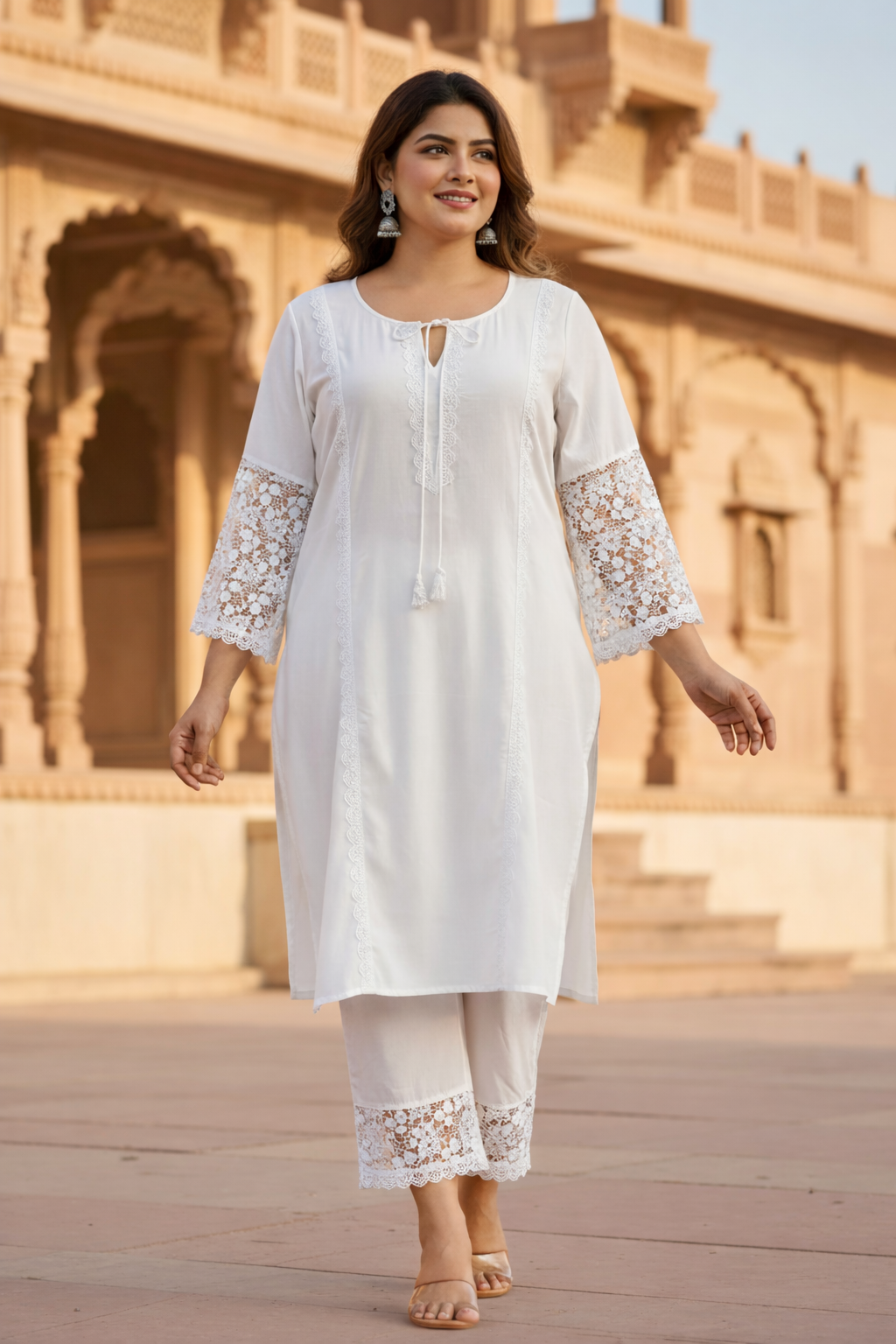 Plus Size White Kurta Set with Dupatta | Lace Ethnic