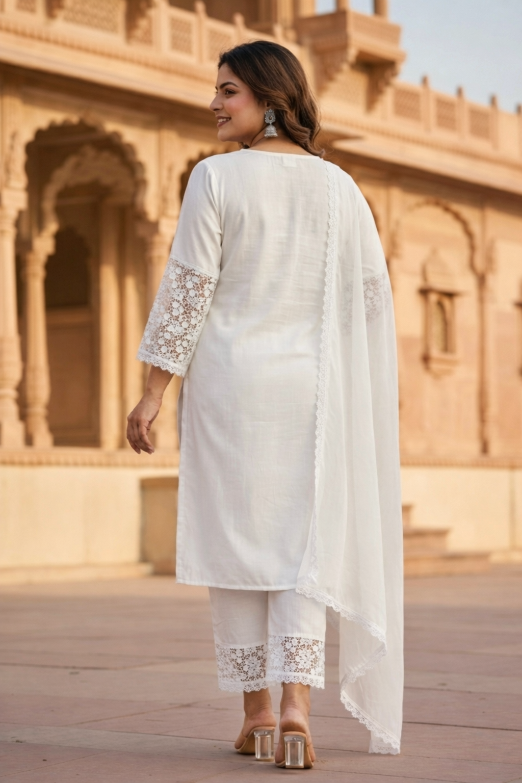 Plus Size White Kurta Set with Dupatta | Lace Ethnic