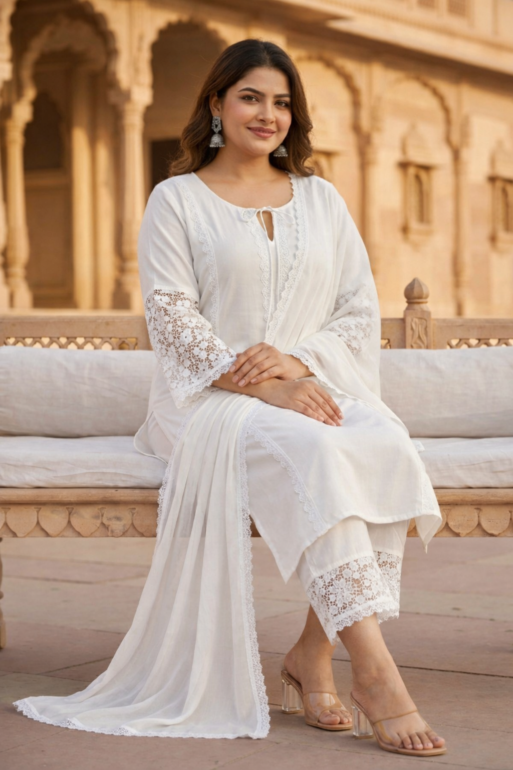 Plus Size White Kurta Set with Dupatta | Lace Ethnic