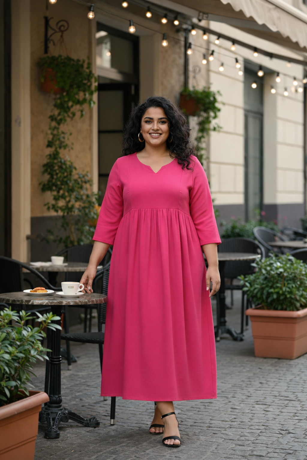 Fuchsia Pink V-Neck Linen Midi Dress with Gathered Waist