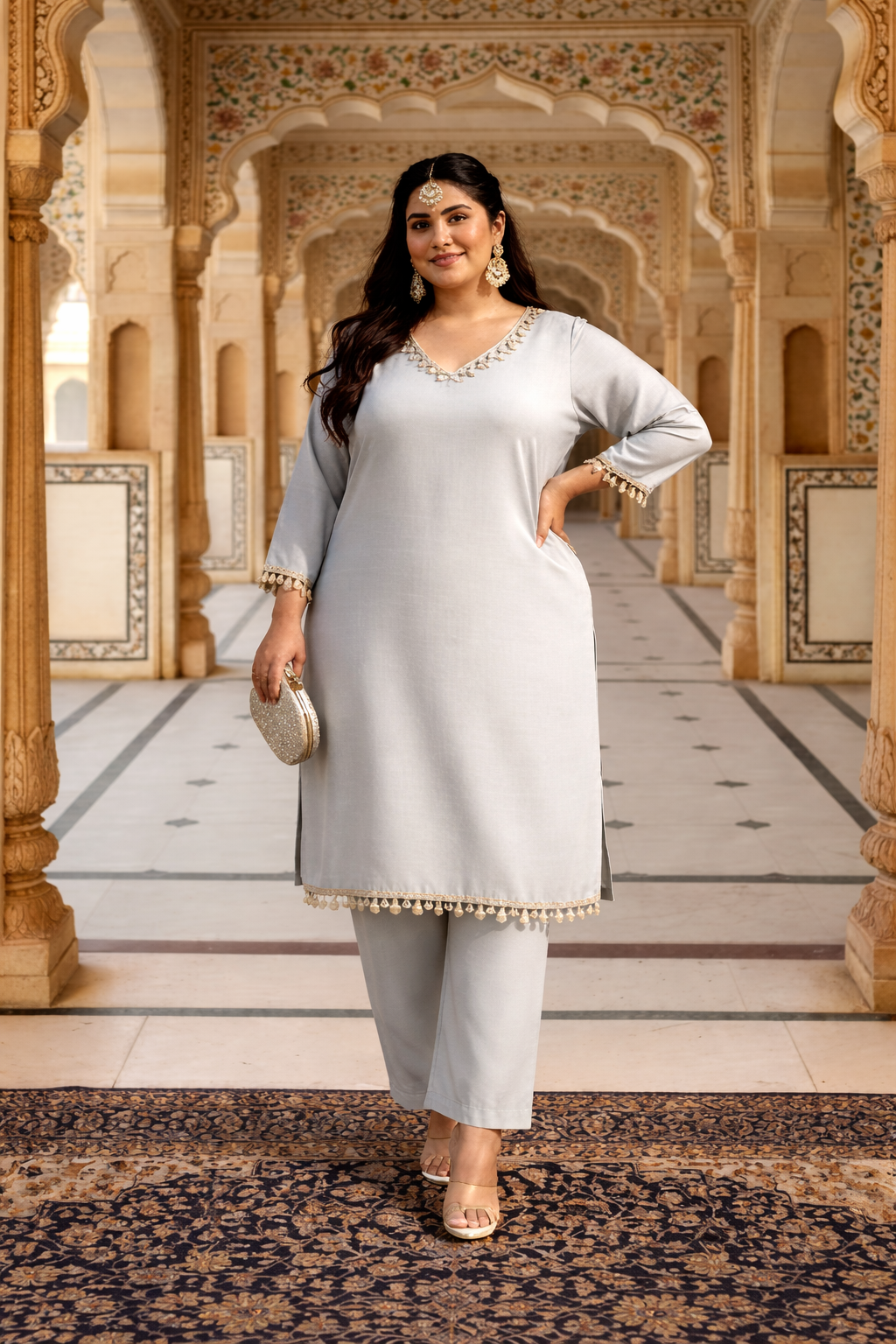 Sand Beige Silk Kurta Set with Mirror Lace