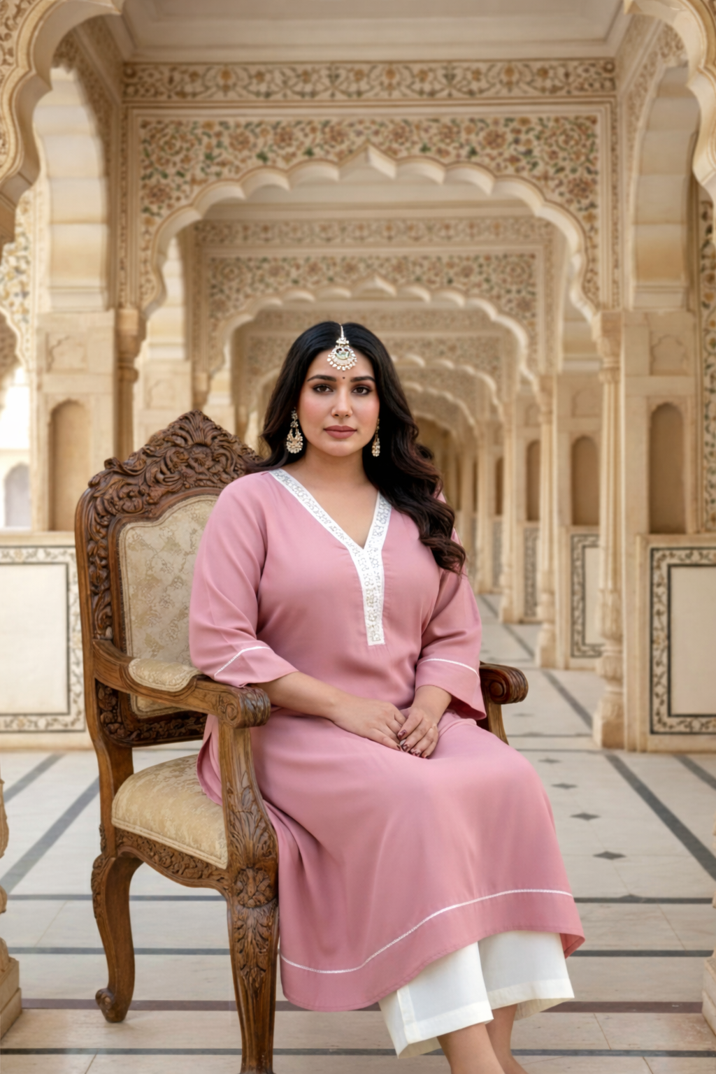 Dusty Rose Chinon Kurta with Lace Detailing