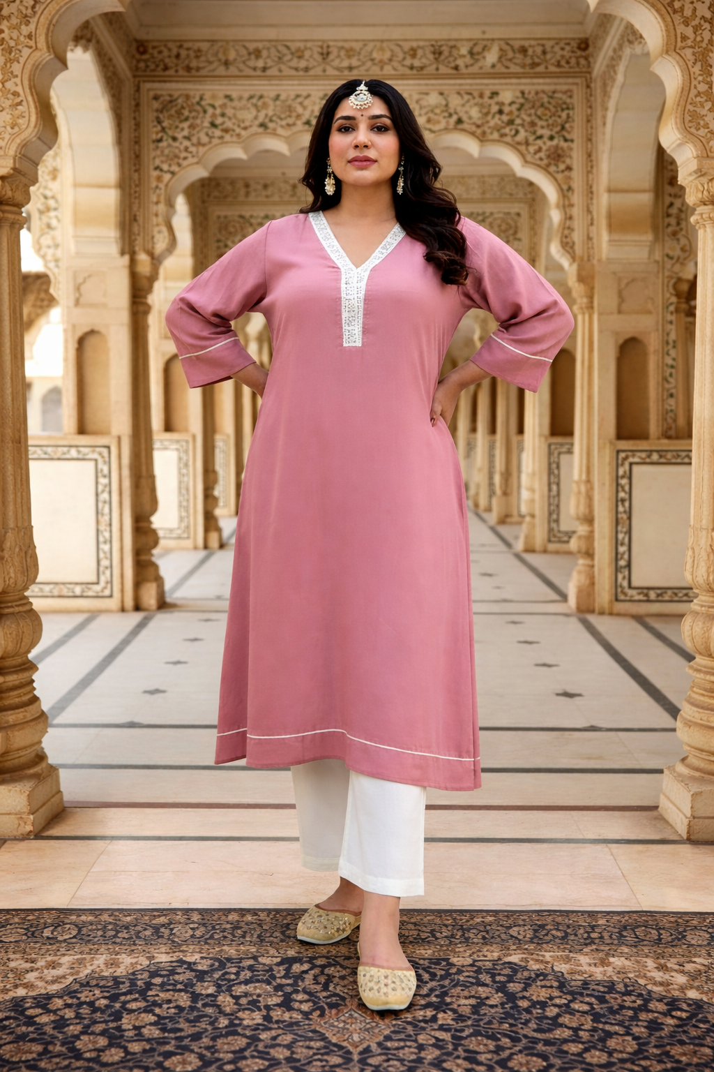 Dusty Rose Chinon Kurta with Lace Detailing