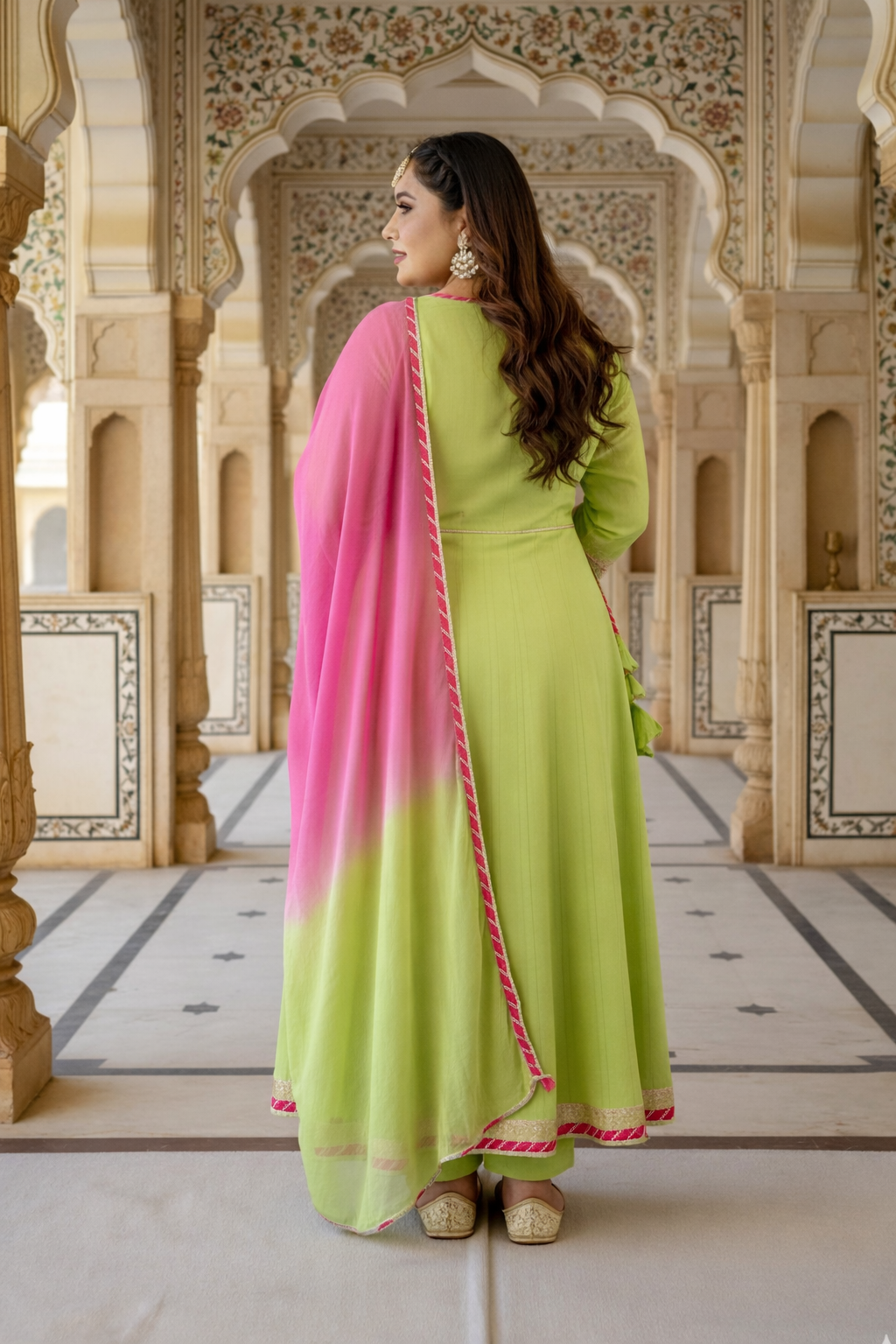 Lime Green & Pink A-Line Kurta Set with Gota Lace Detailing