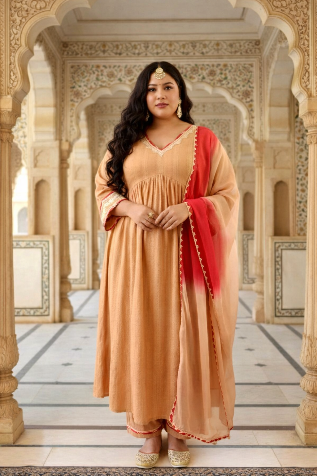 Caramel Self-Woven Zari Kurta Set with Gota Detailing(set of 3)
