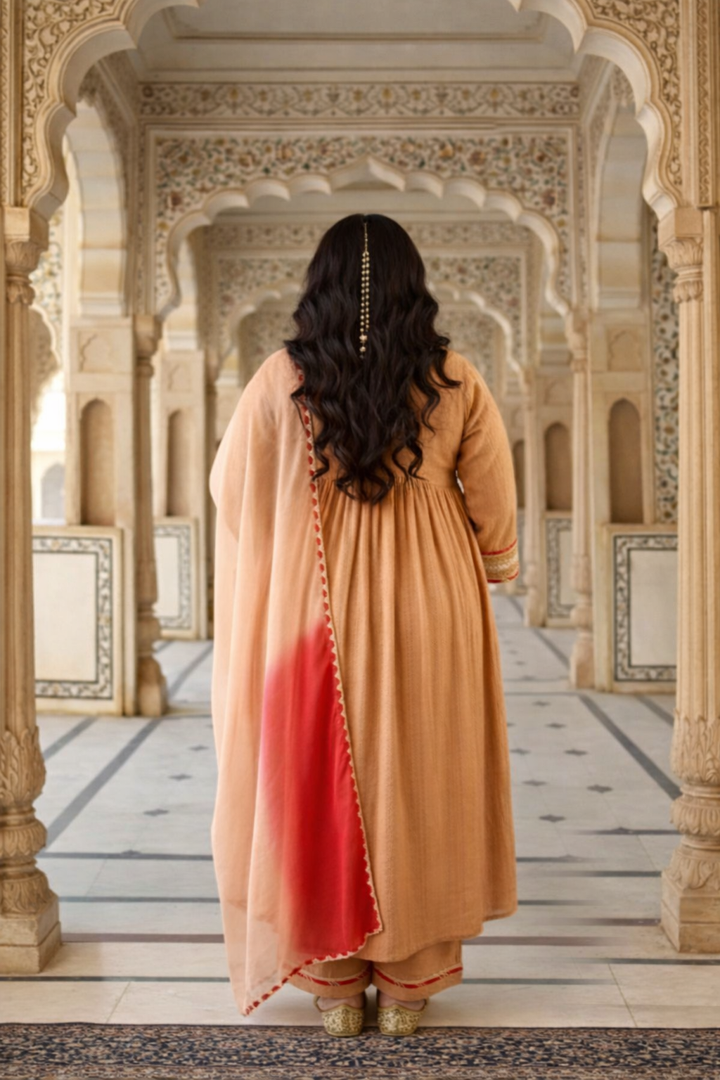 Caramel Self-Woven Zari Kurta Set with Gota Detailing(set of 3)