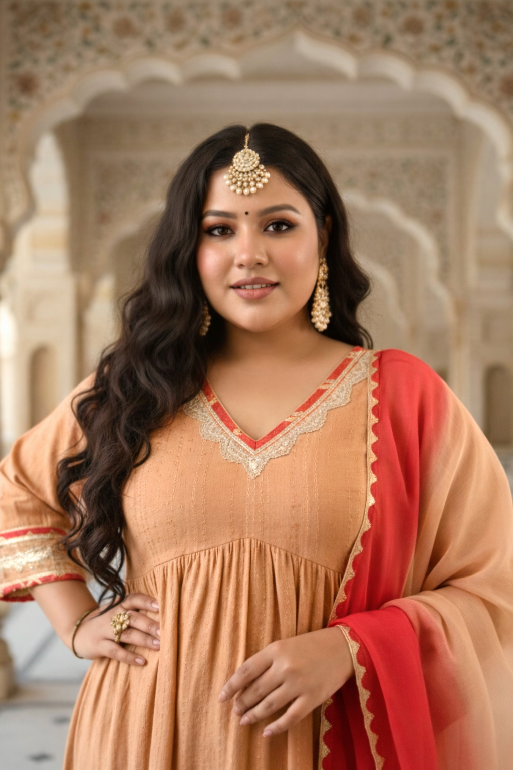 Caramel Self-Woven Zari Kurta Set with Gota Detailing(set of 3)