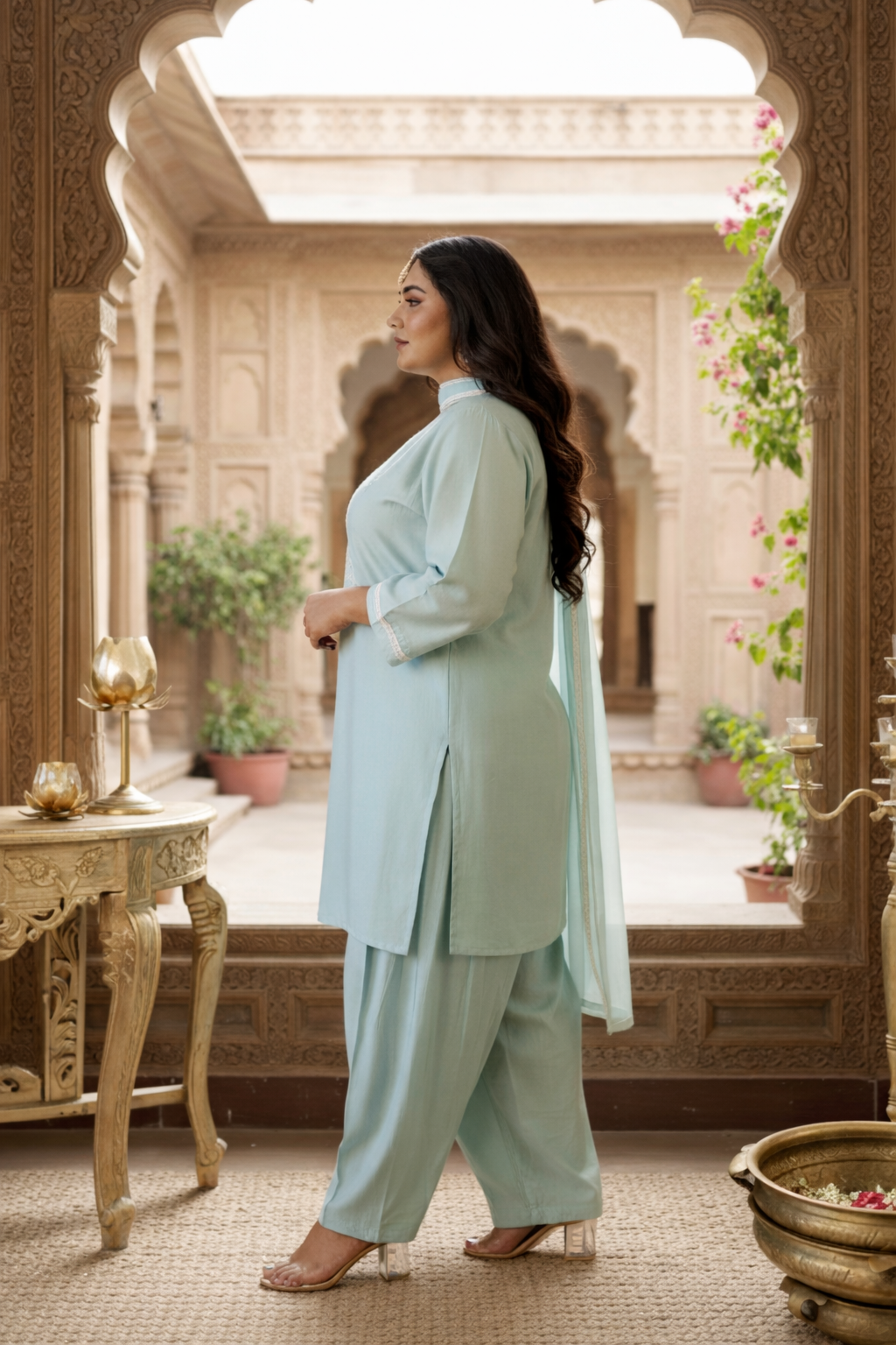 Powder Blue Roman Silk Kurta Set with Farshi Salwar