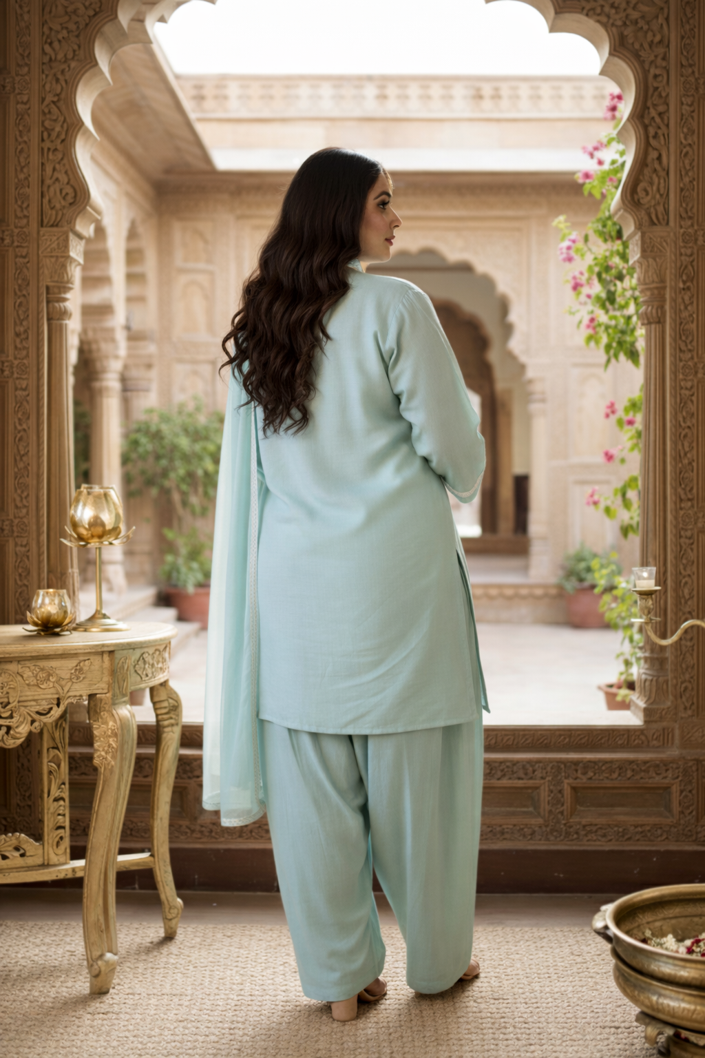 Powder Blue Roman Silk Kurta Set with Farshi Salwar