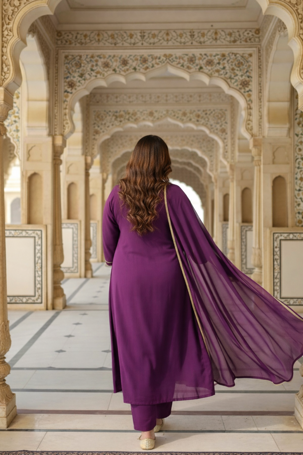 Plum Roman Silk Kurt Set with Gota Detailing