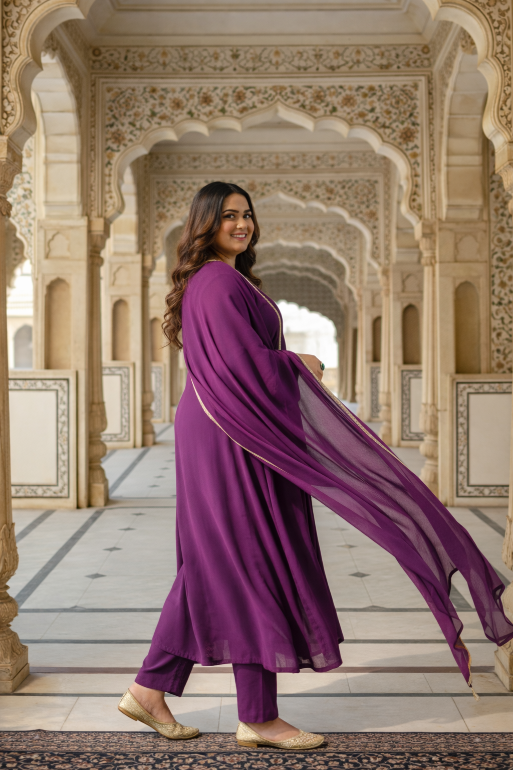Plum Roman Silk Kurt Set with Gota Detailing