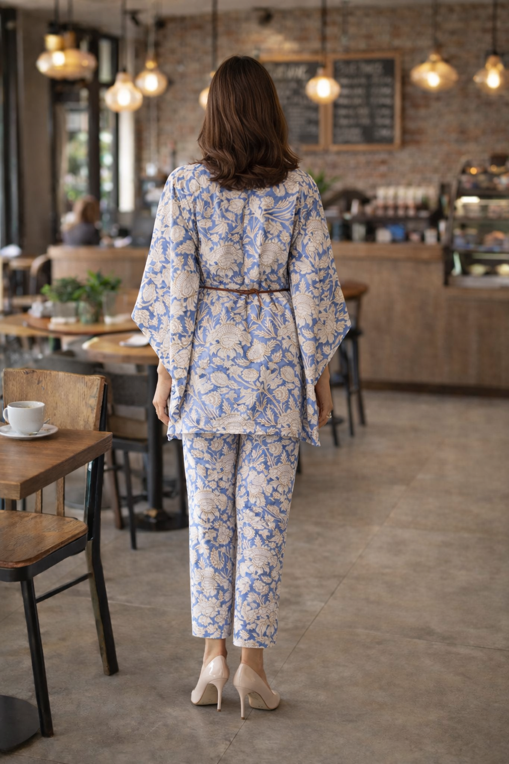 Blue Floral Cotton Kaftan Co ord Set