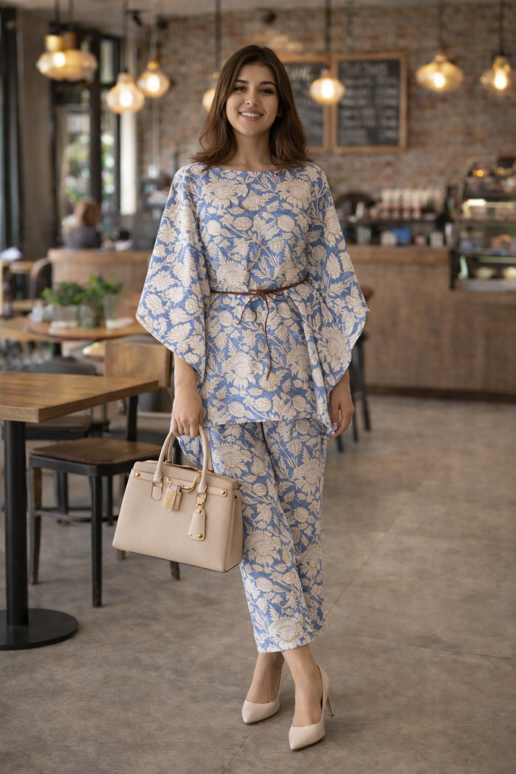 Blue Floral Cotton Kaftan Co ord Set
