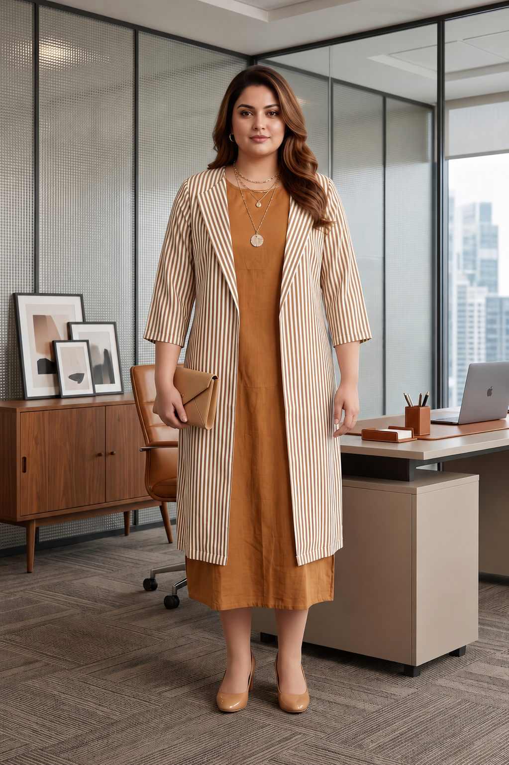 Brown Striped Jacket Dress
