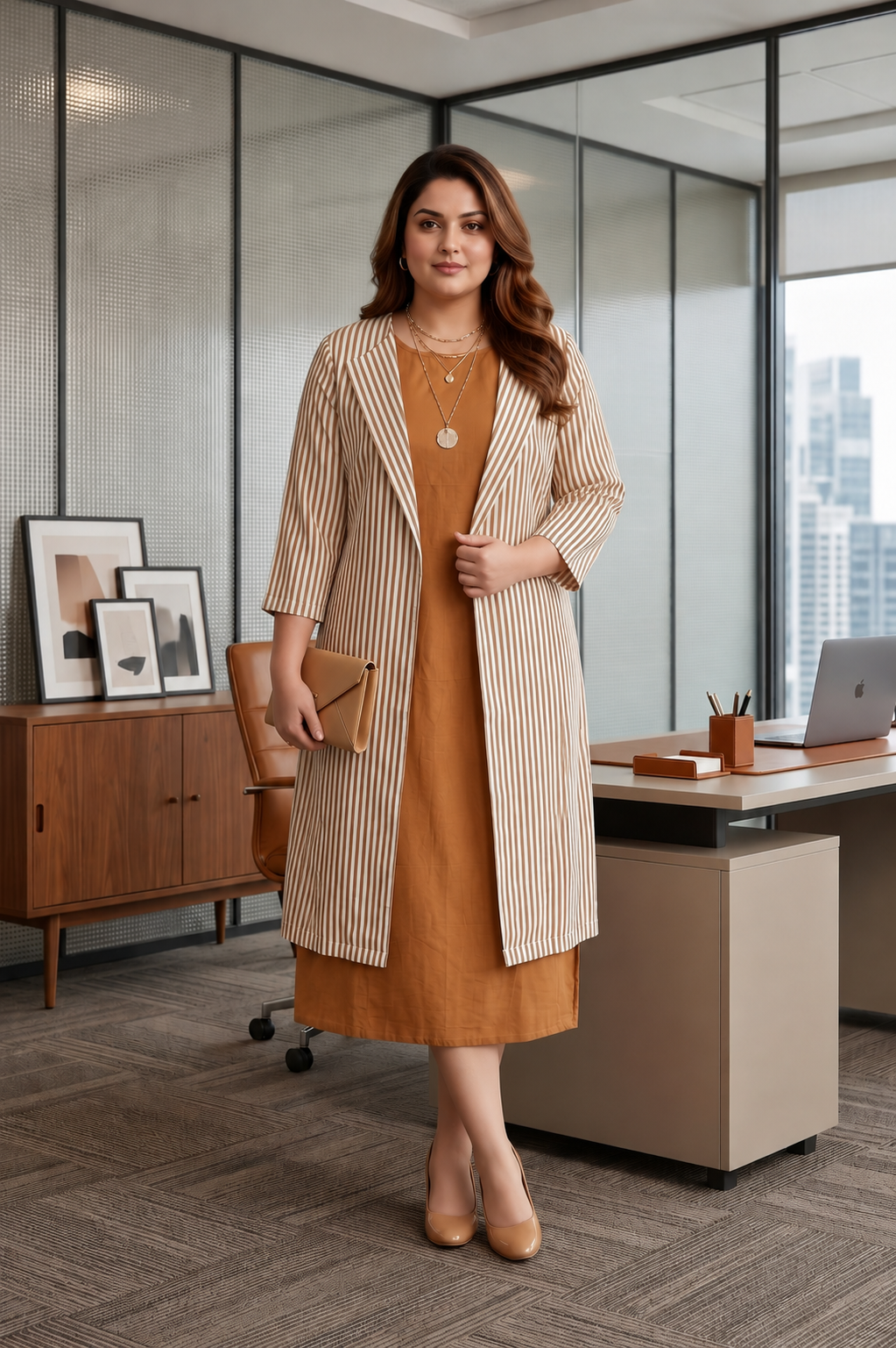 Brown Striped Jacket Dress