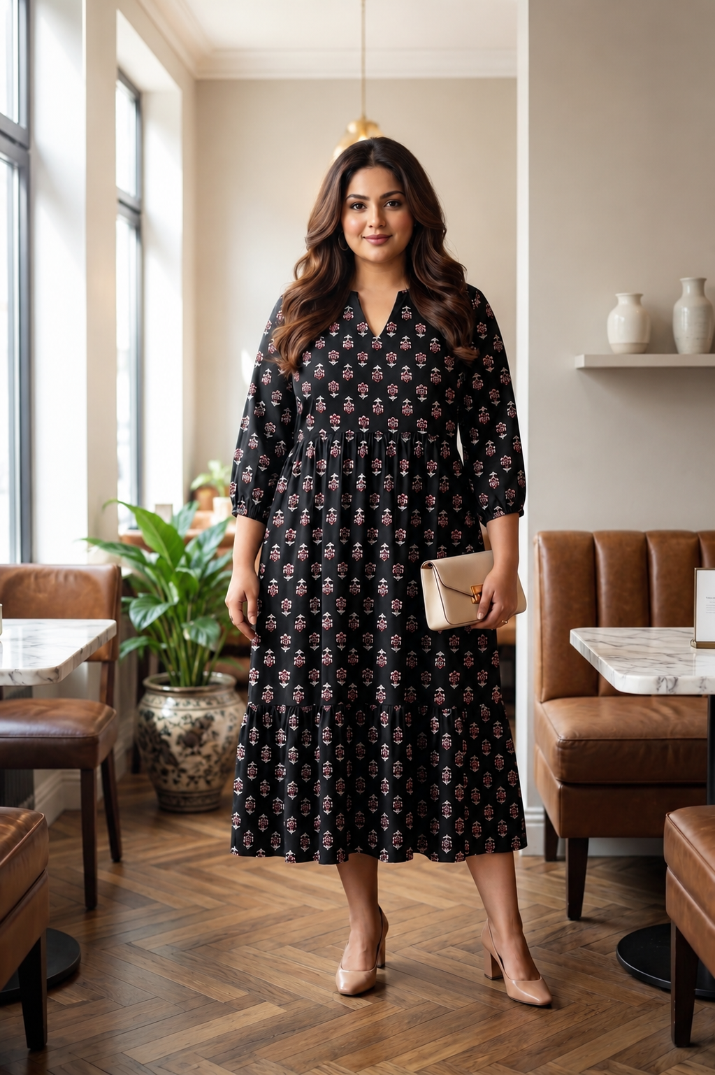 Black Floral Booti Print Cotton Cambric Maxi Dress