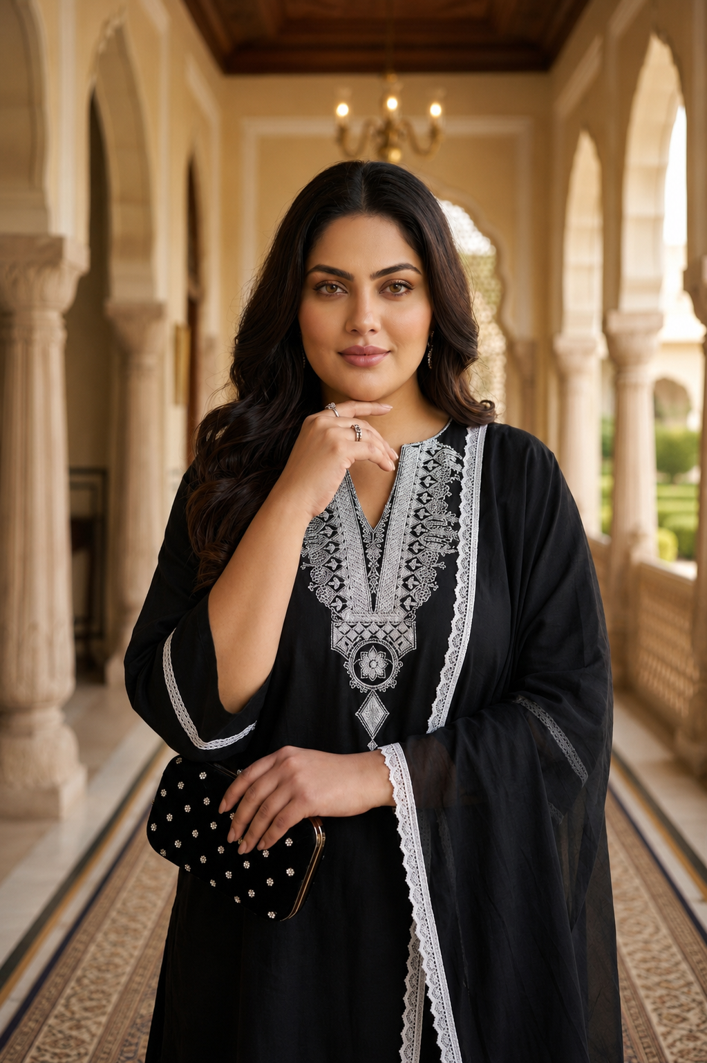 Midnight Black Rayon Co-Ord Set with Chiffon Dupatta