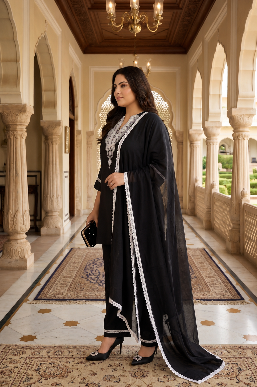 Midnight Black Rayon Co-Ord Set with Chiffon Dupatta