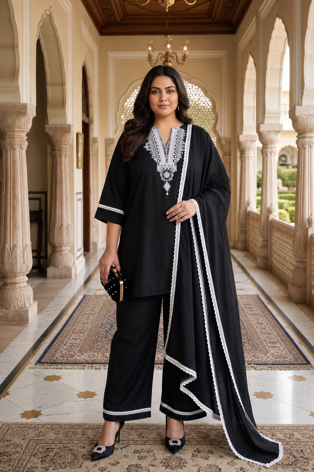 Midnight Black Rayon Co-Ord Set with Chiffon Dupatta