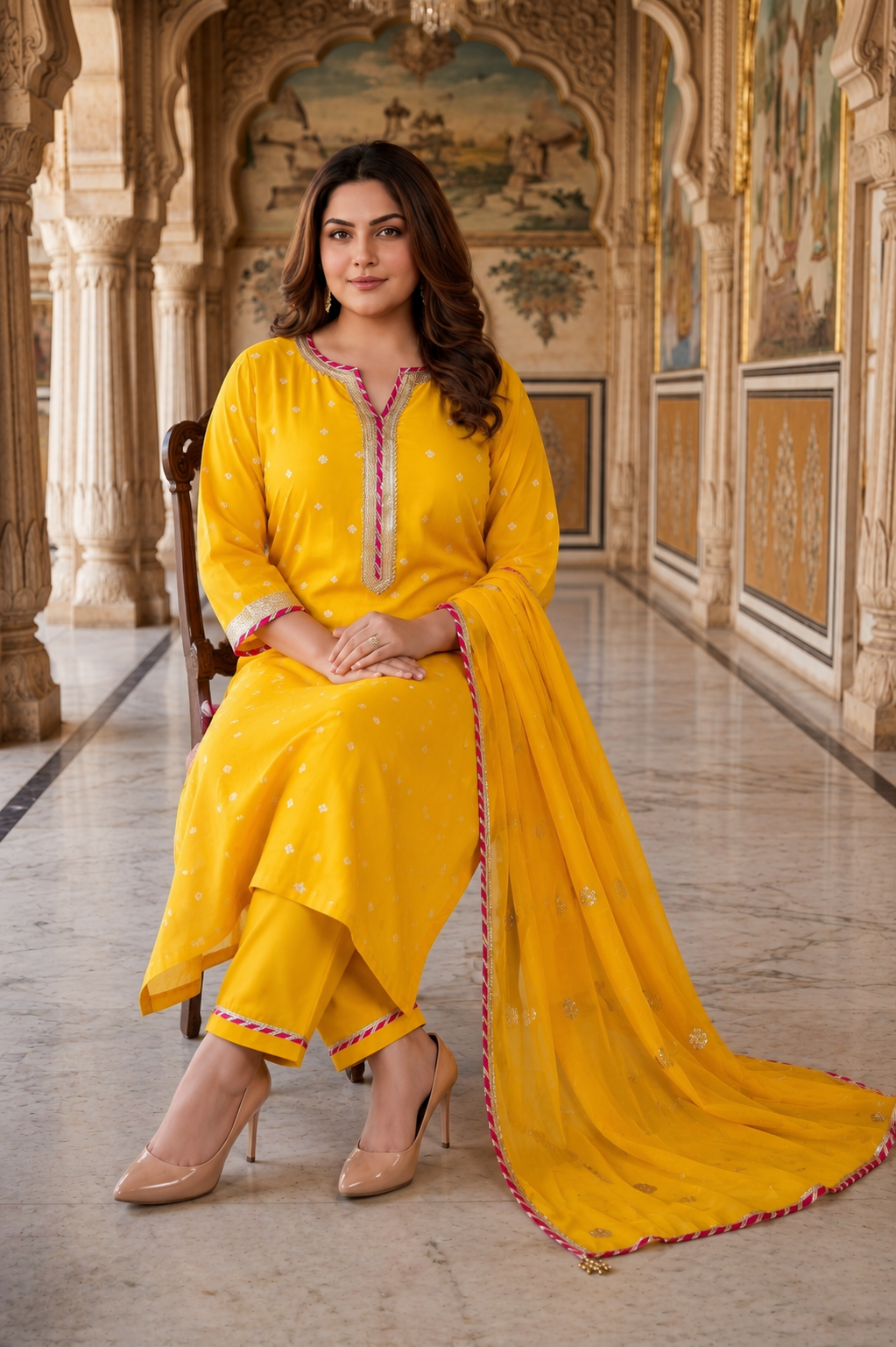 Sunshine Yellow Cotton Kurta Set with Chiffon Dupatta