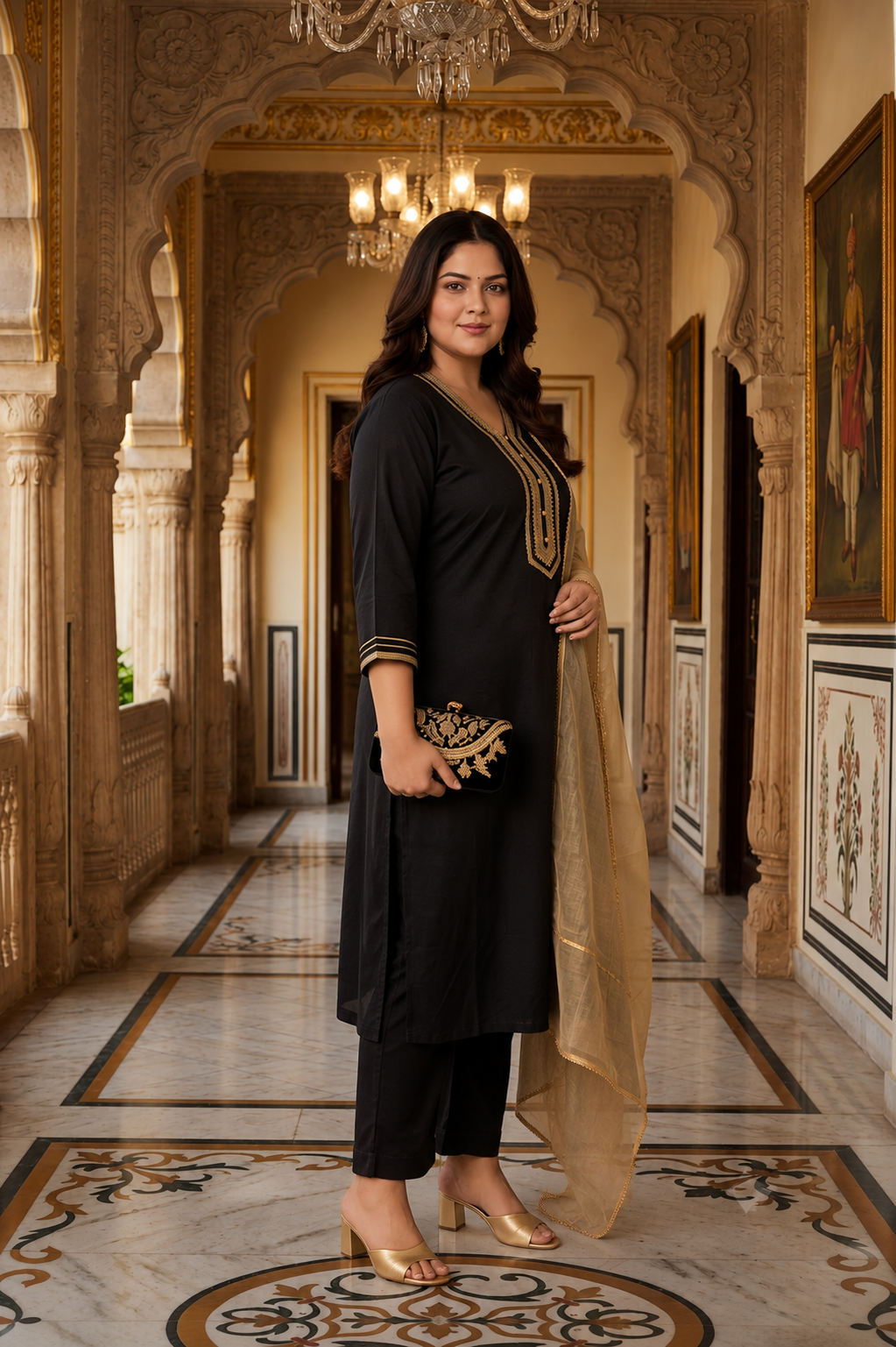 Black Cambric Kurta Pant Set with Chiffon Dupatta( Set of 3)