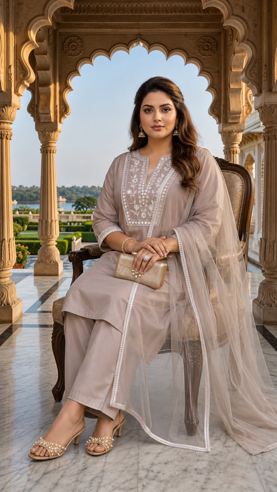 Plus Size Women’s Grey Mirror Work Silk Kurta Set with Dupatta – Premium Festive Wear