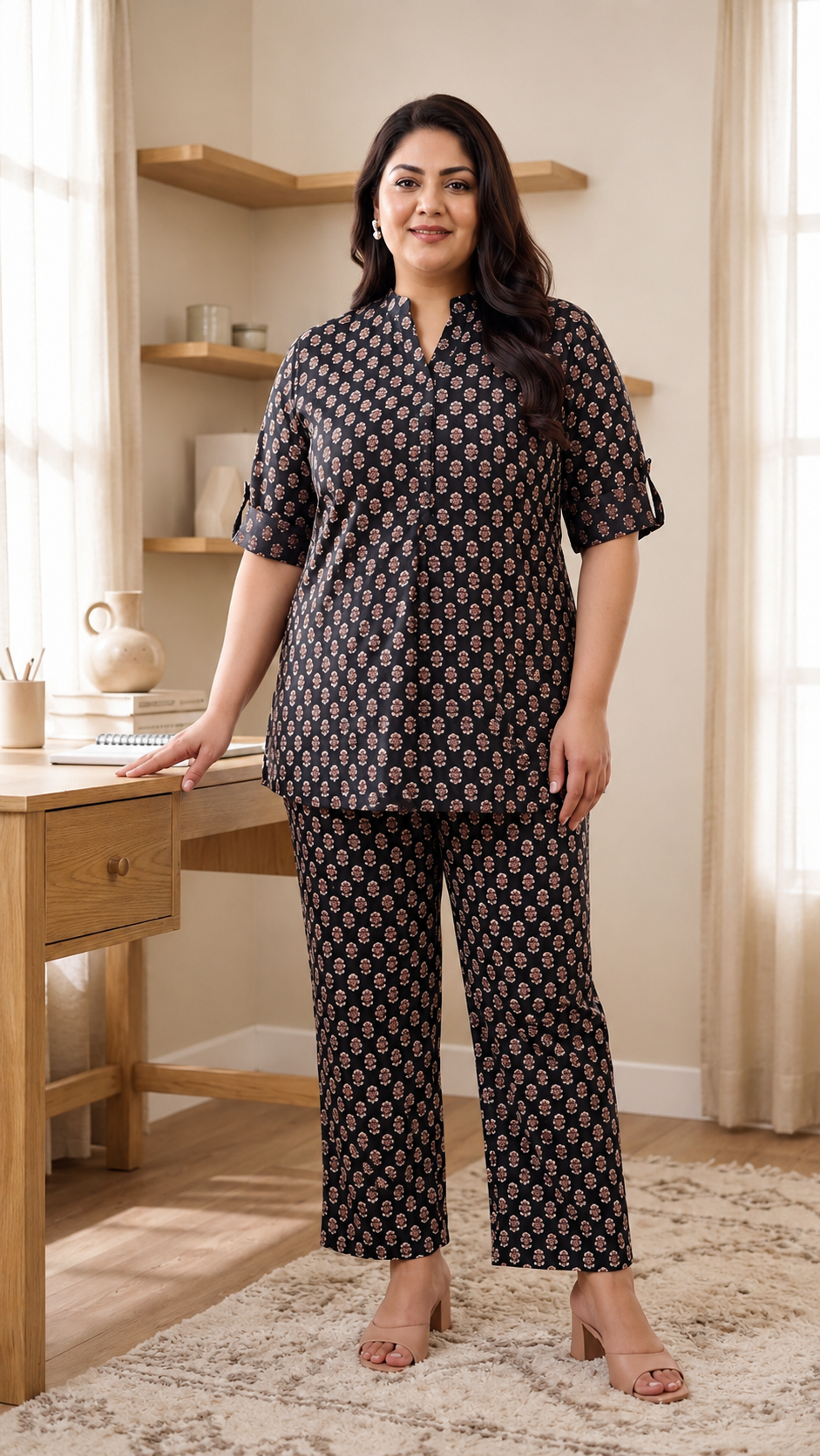 Plus Size Black Booti Print Cotton Co-Ord Set for Women