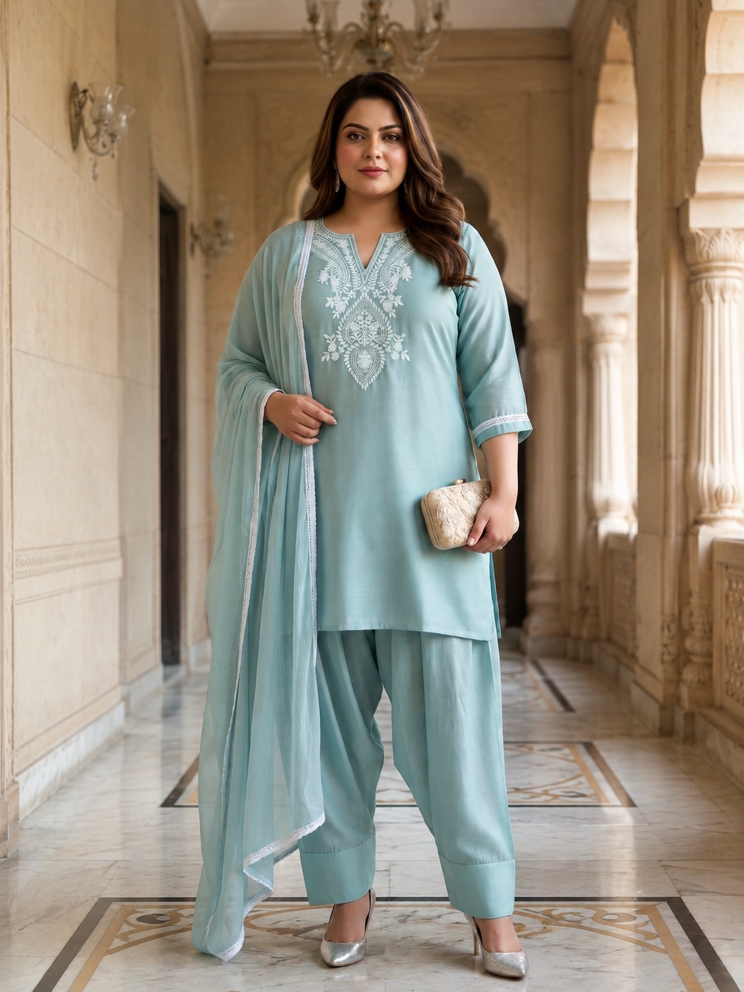 Sky Blue Roman Silk Kurta Set with Farshi Salwar (Set of 3)