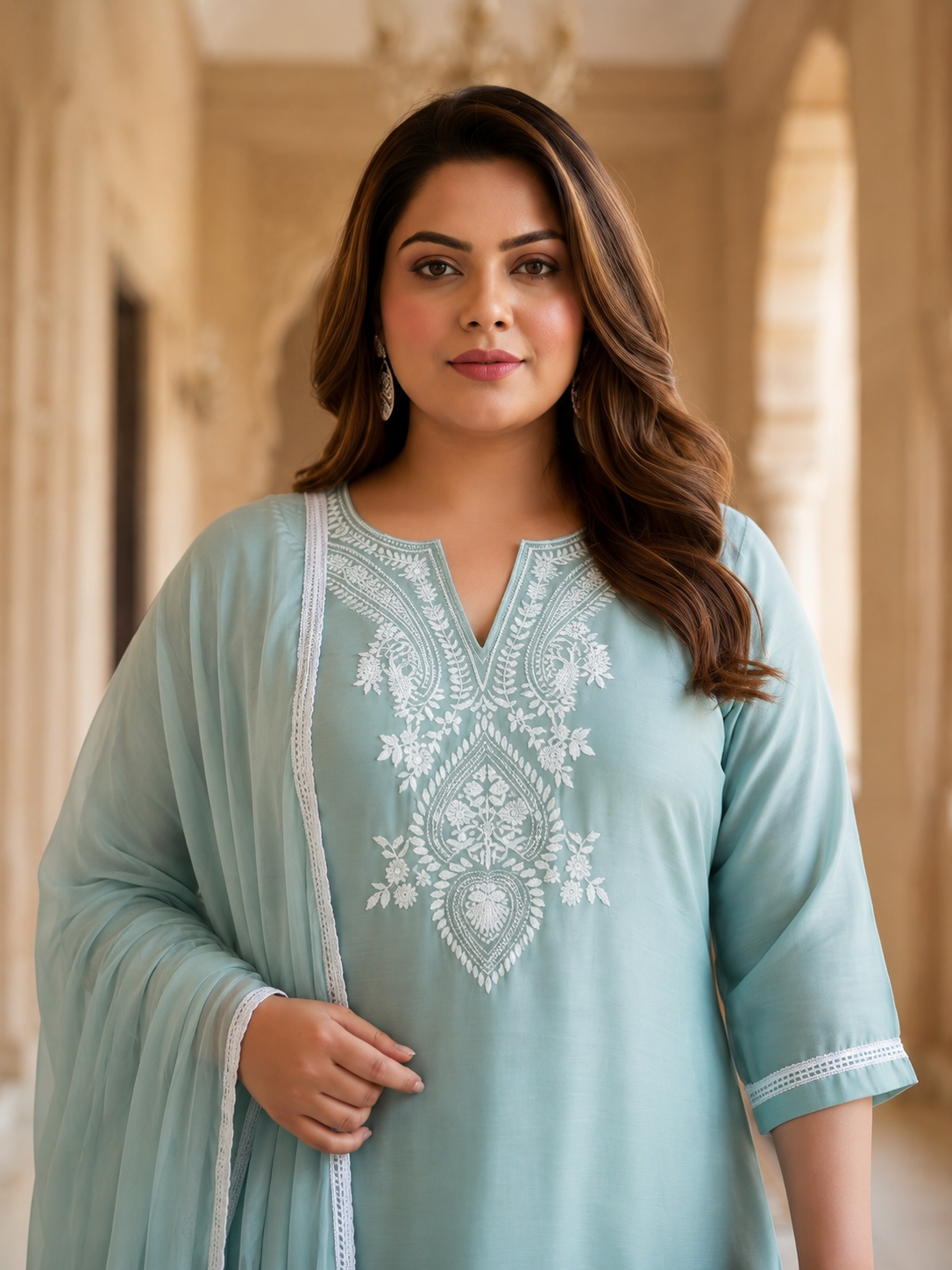 Sky Blue Roman Silk Kurta Set with Farshi Salwar (Set of 3)