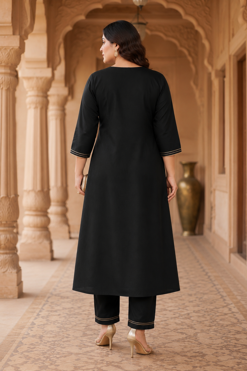 Black Gold Cambric Kurta Pant Set with Chiffon Dupatta (Set of 3)