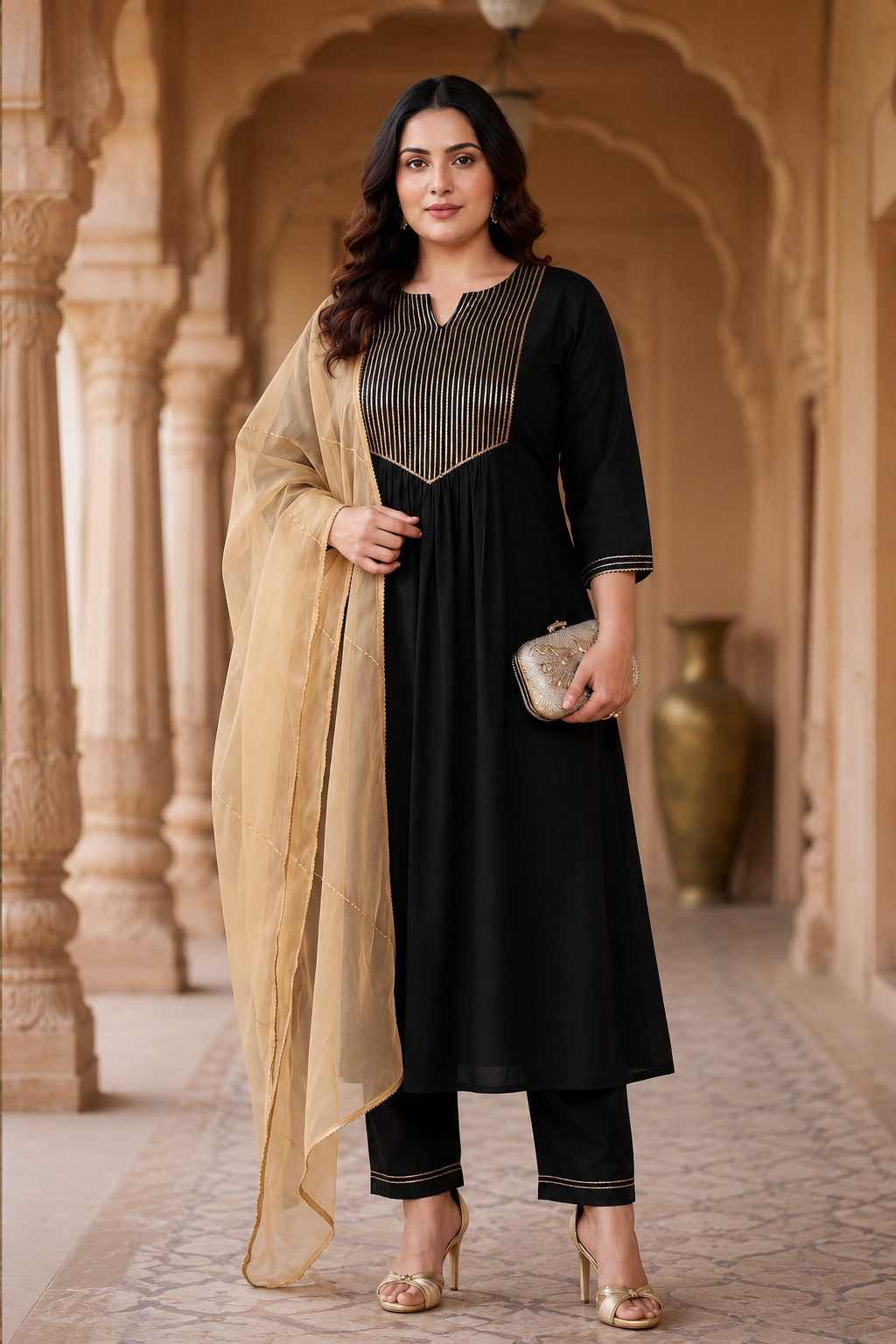 Black Gold Cambric Kurta Pant Set with Chiffon Dupatta (Set of 3)